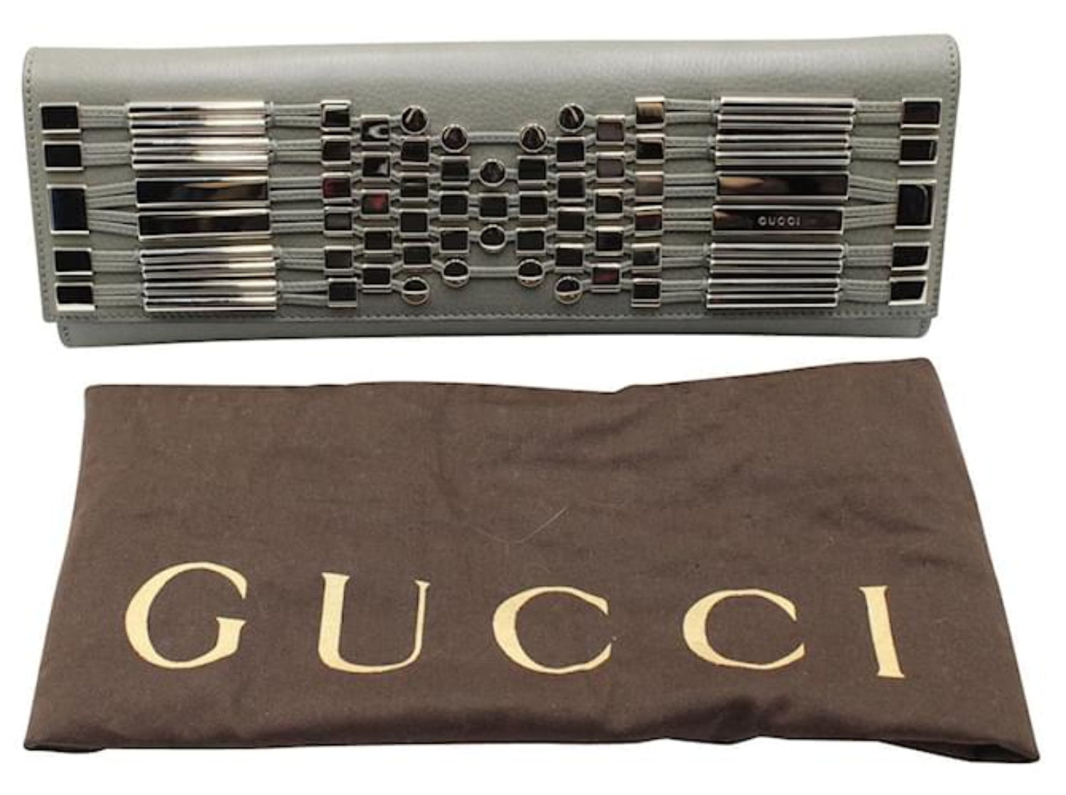 GUCCI Metal Embellished Broadway Clutch in Grey Leather