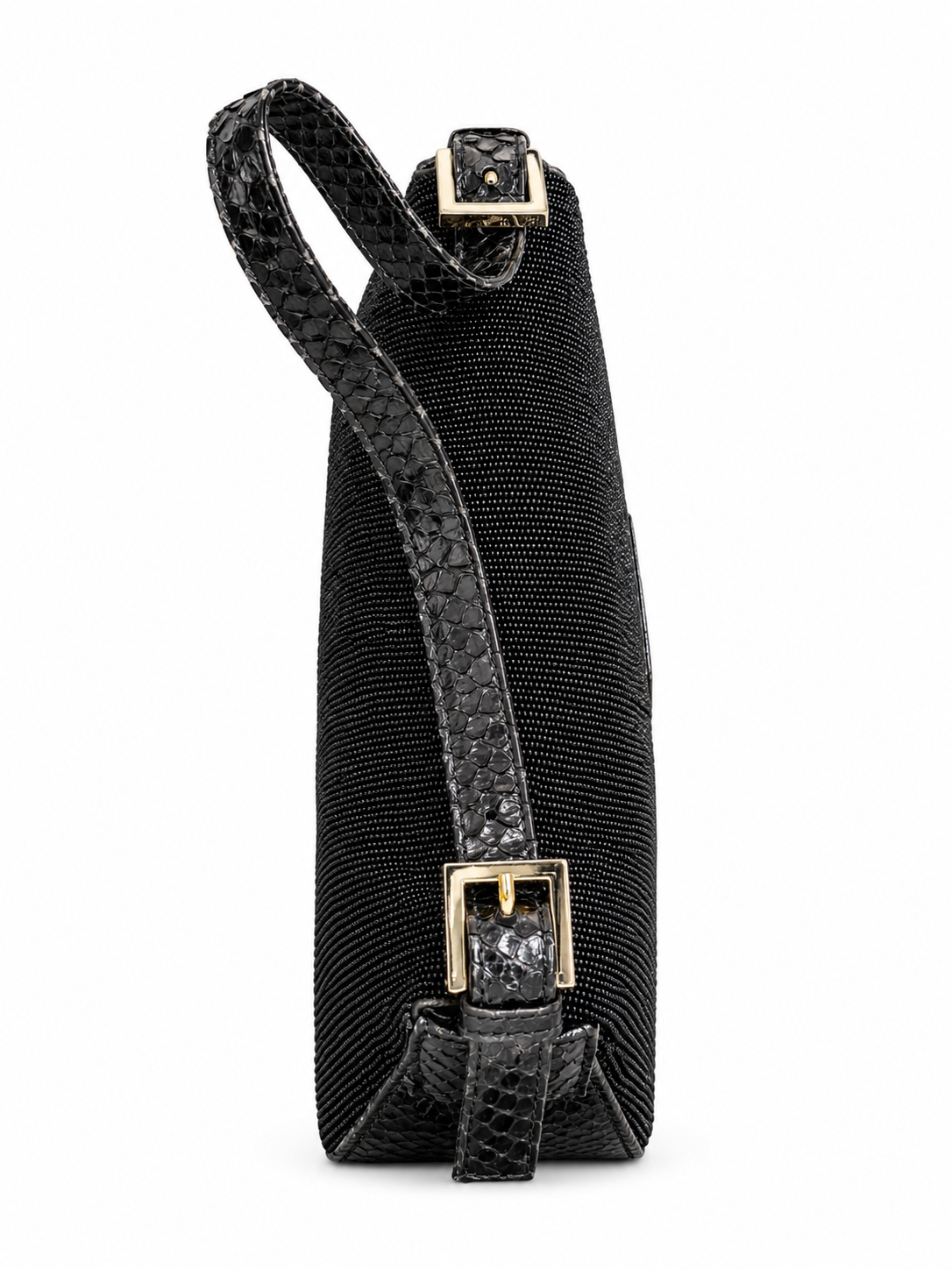 FENDI VINTAGE BAGUETTE, BLACK BEADED FABRIC AND PYTHON TRIM