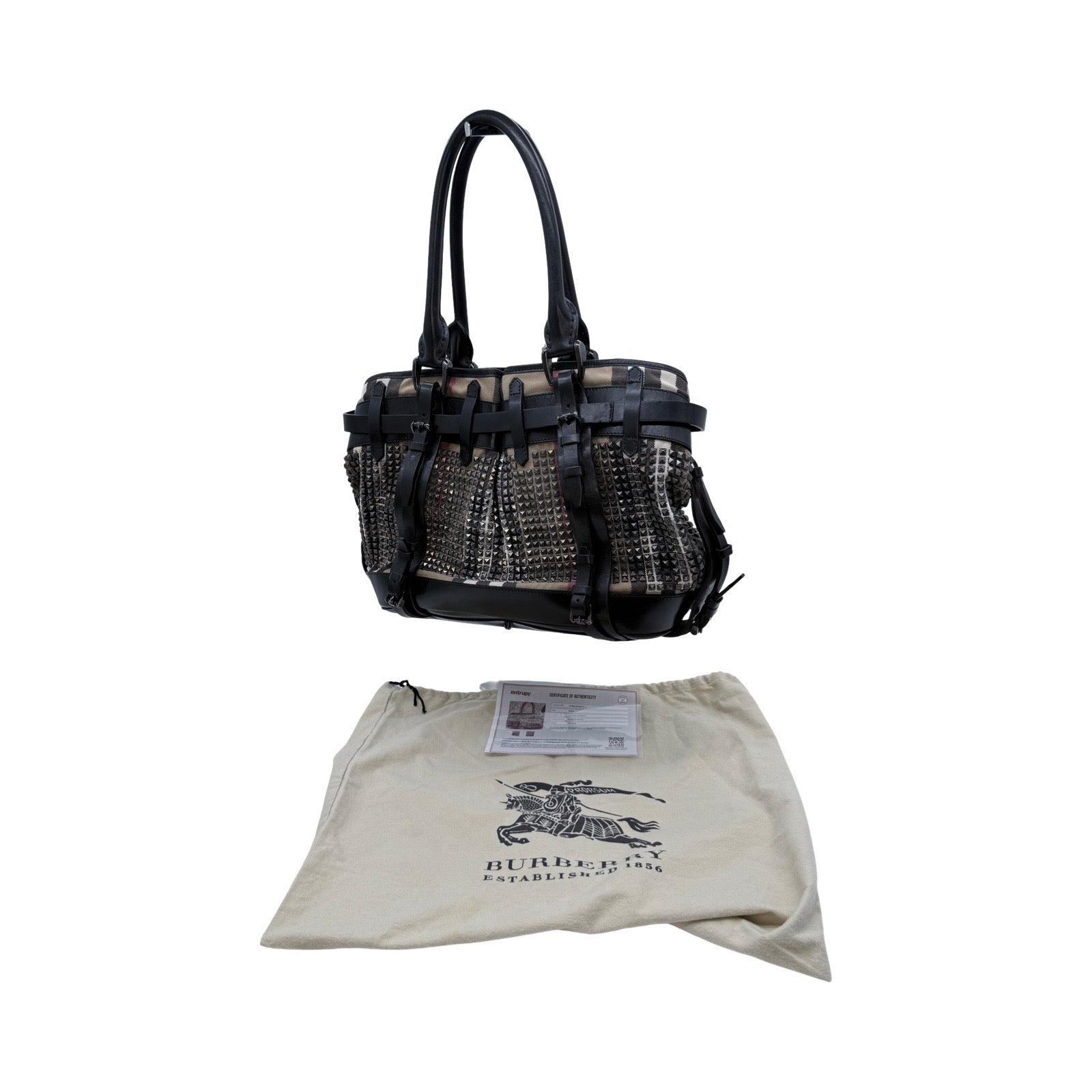 Burberry Prorsum Studded Nova Check Buckle Tote Bag – Black Leather & Canvas