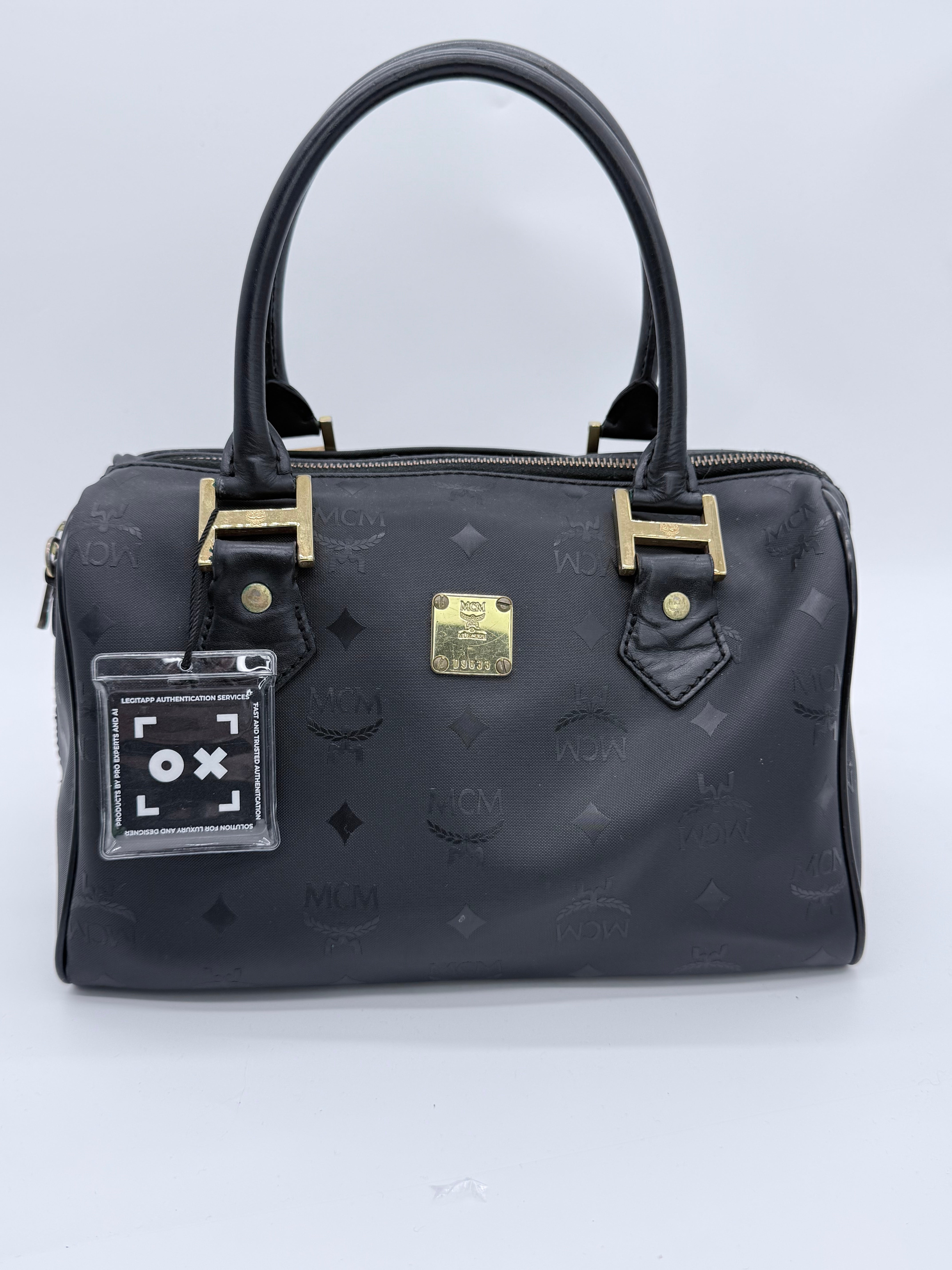 MCM Visetos Boston Satchel – Black Monogram Top Handle Bag