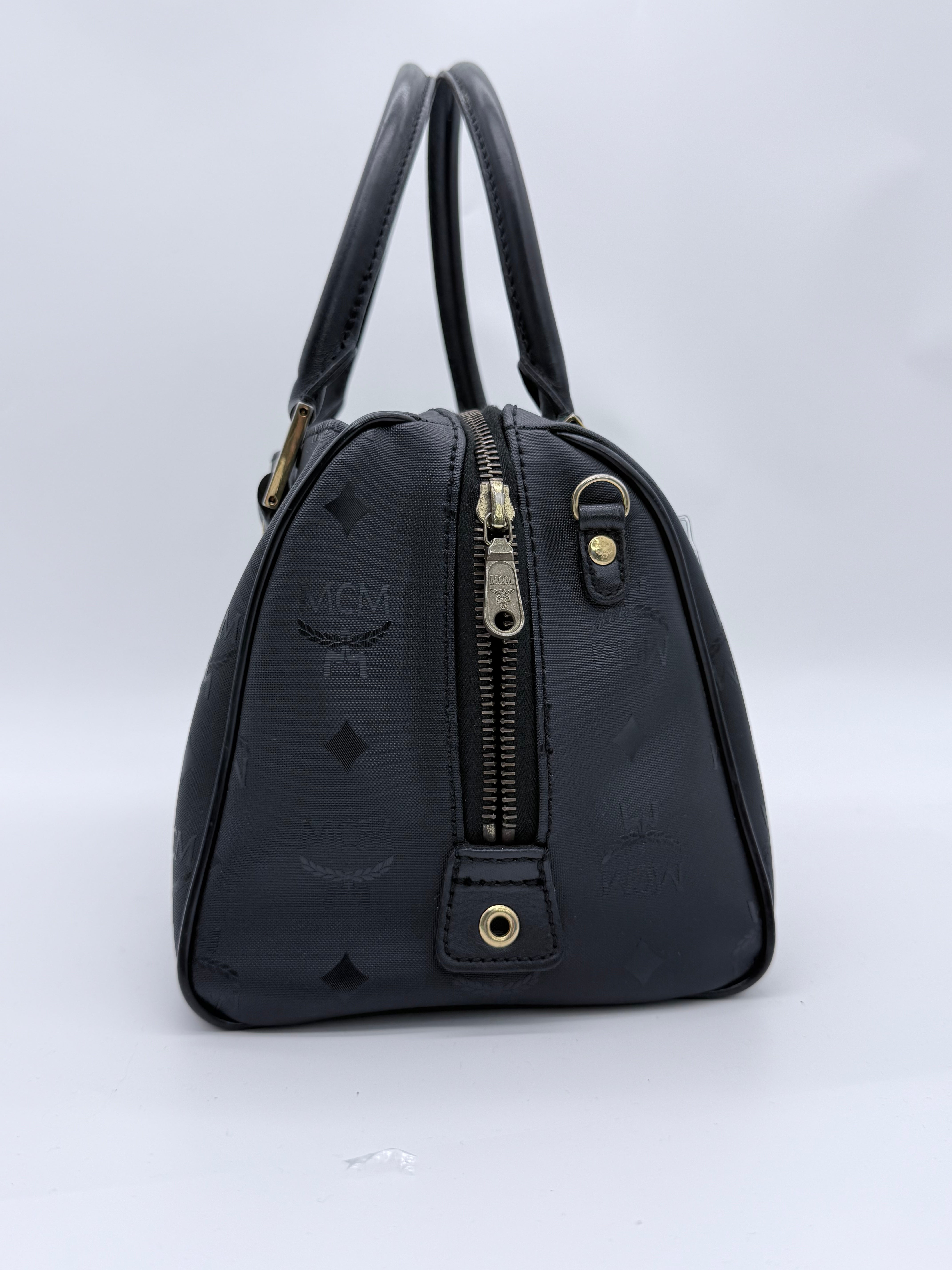 MCM Visetos Boston Satchel – Black Monogram Top Handle Bag