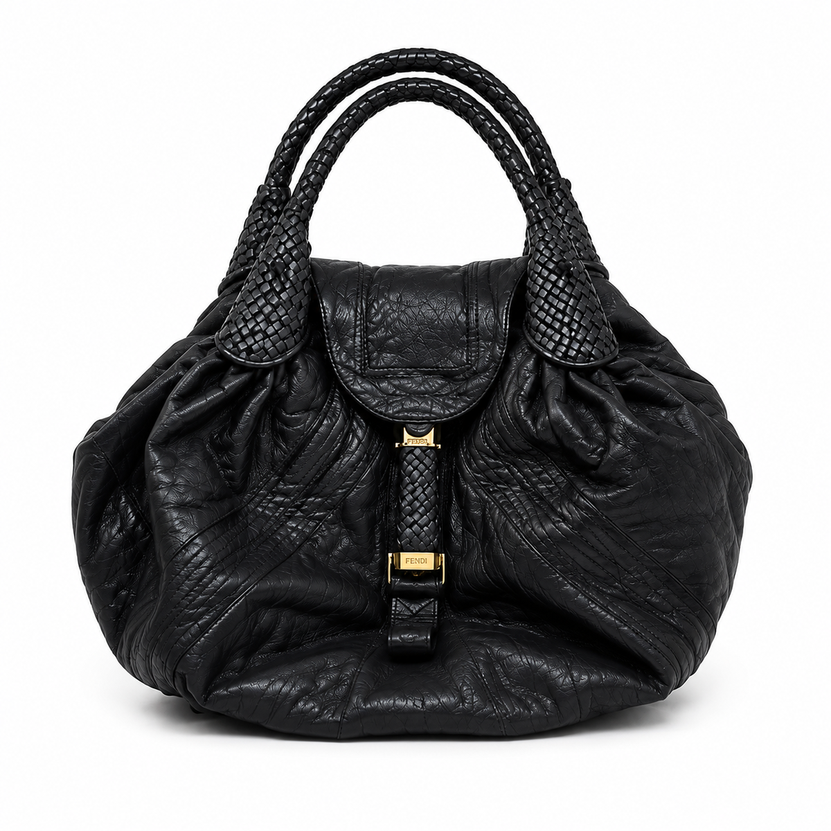Fendi Spy Bag – Black Pebbled Leather with Woven Handles