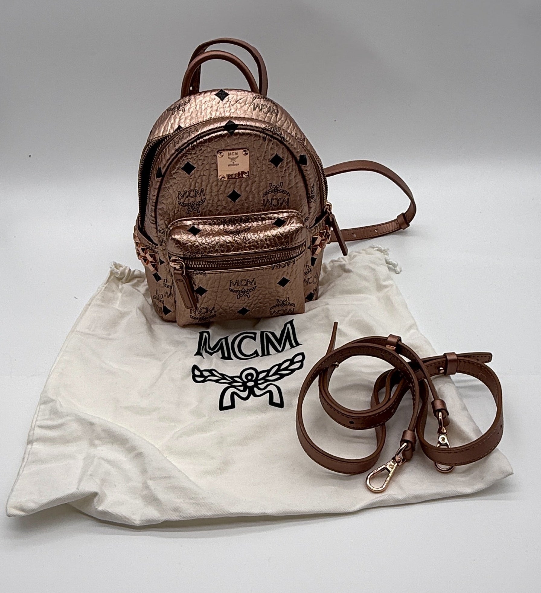 MCM Stark Mini Backpack – Rose Gold Visetos Coated Canvas | Full Set