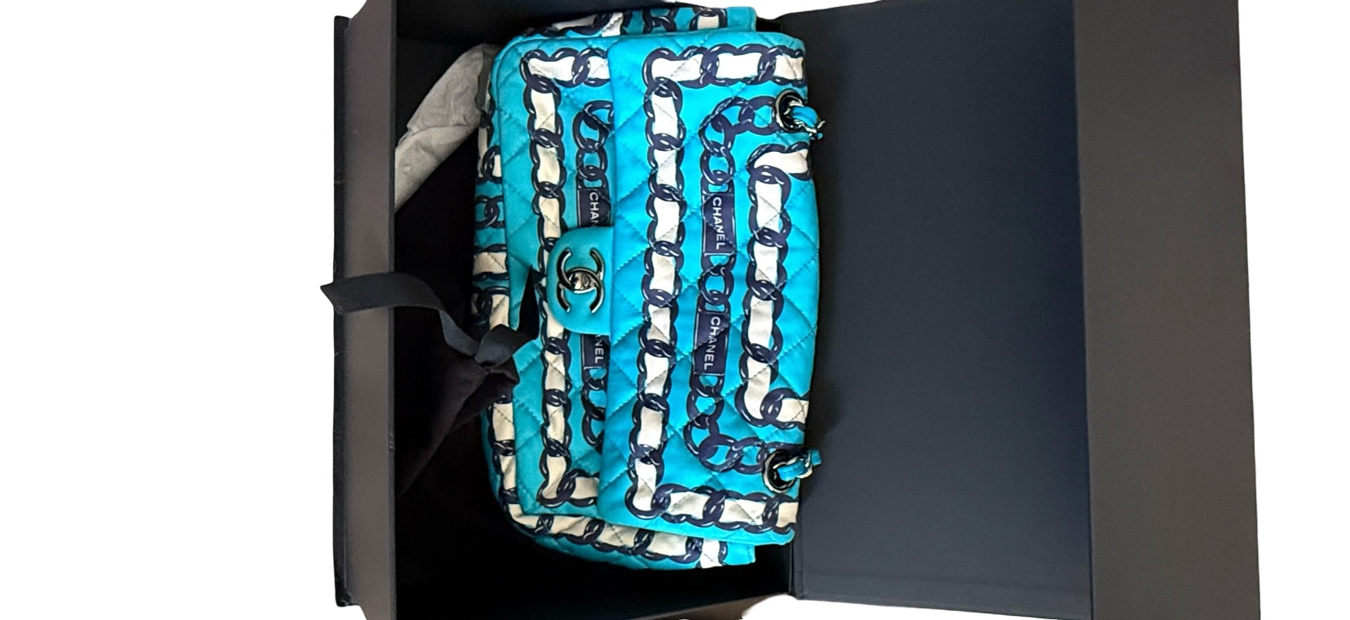 CHANEL Chain Print Quilted Satin Flap Shoulder Bag – Turquoise Blue