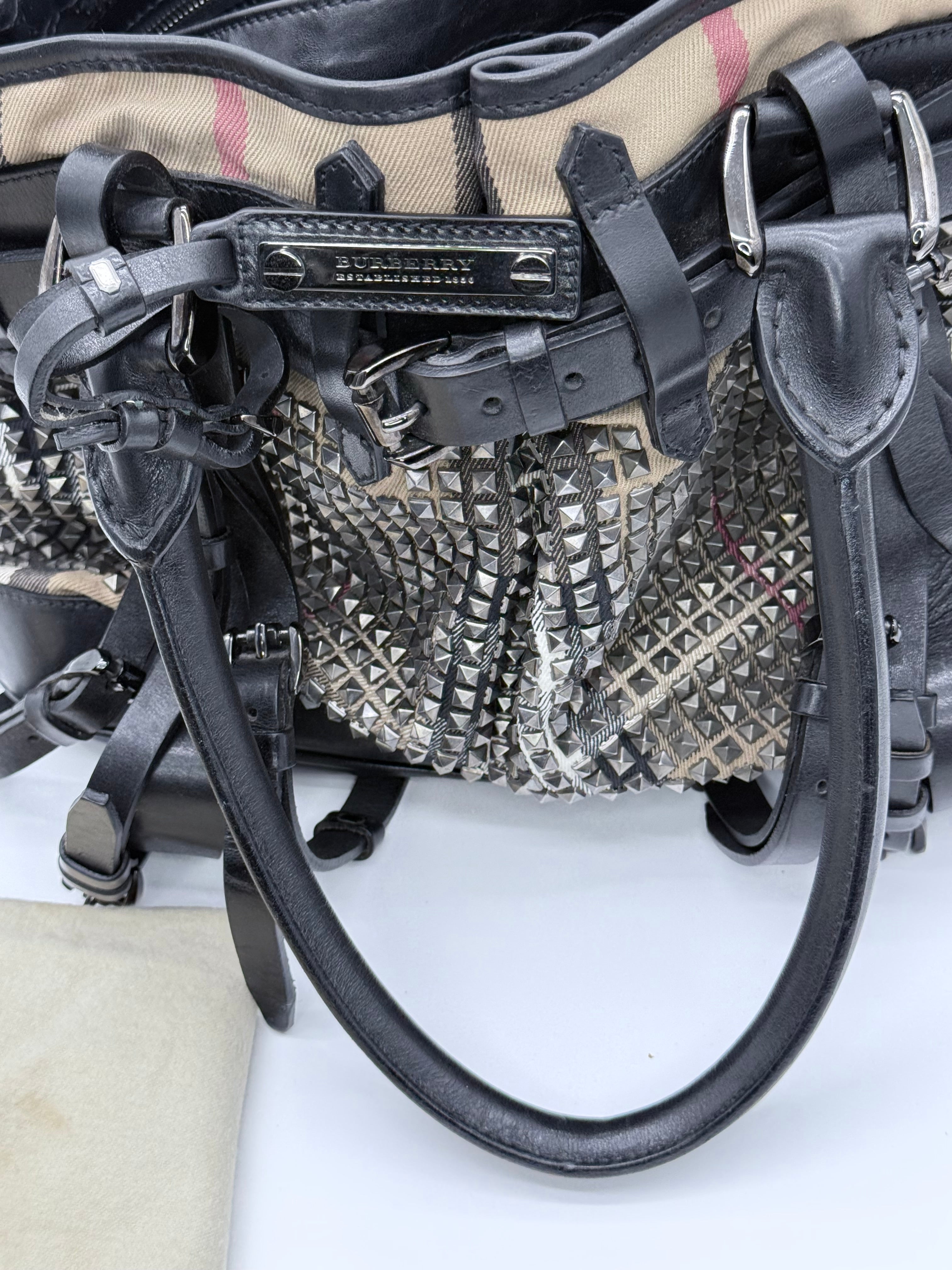 Burberry Prorsum Studded Nova Check Buckle Tote Bag – Black Leather & Canvas