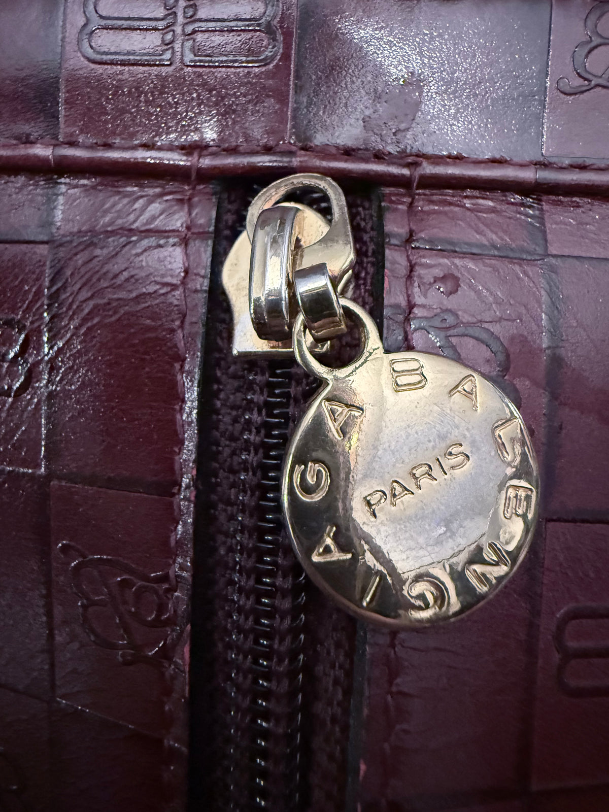 Vintage Balenciaga Monogram BB Logo Embossed Leather Drawstring Backpack - Burgundy