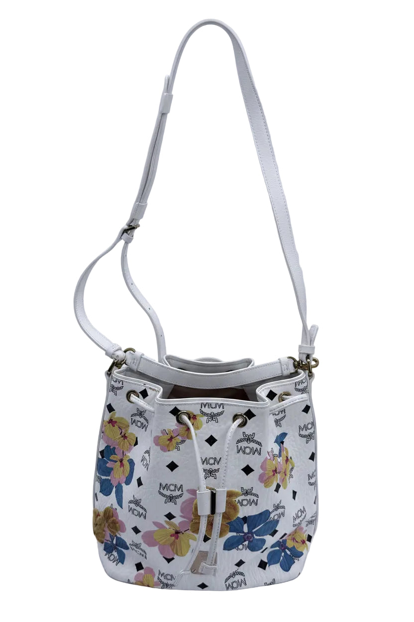Rare MCM Floral Visetos Drawstring Bucket Bag White Leather