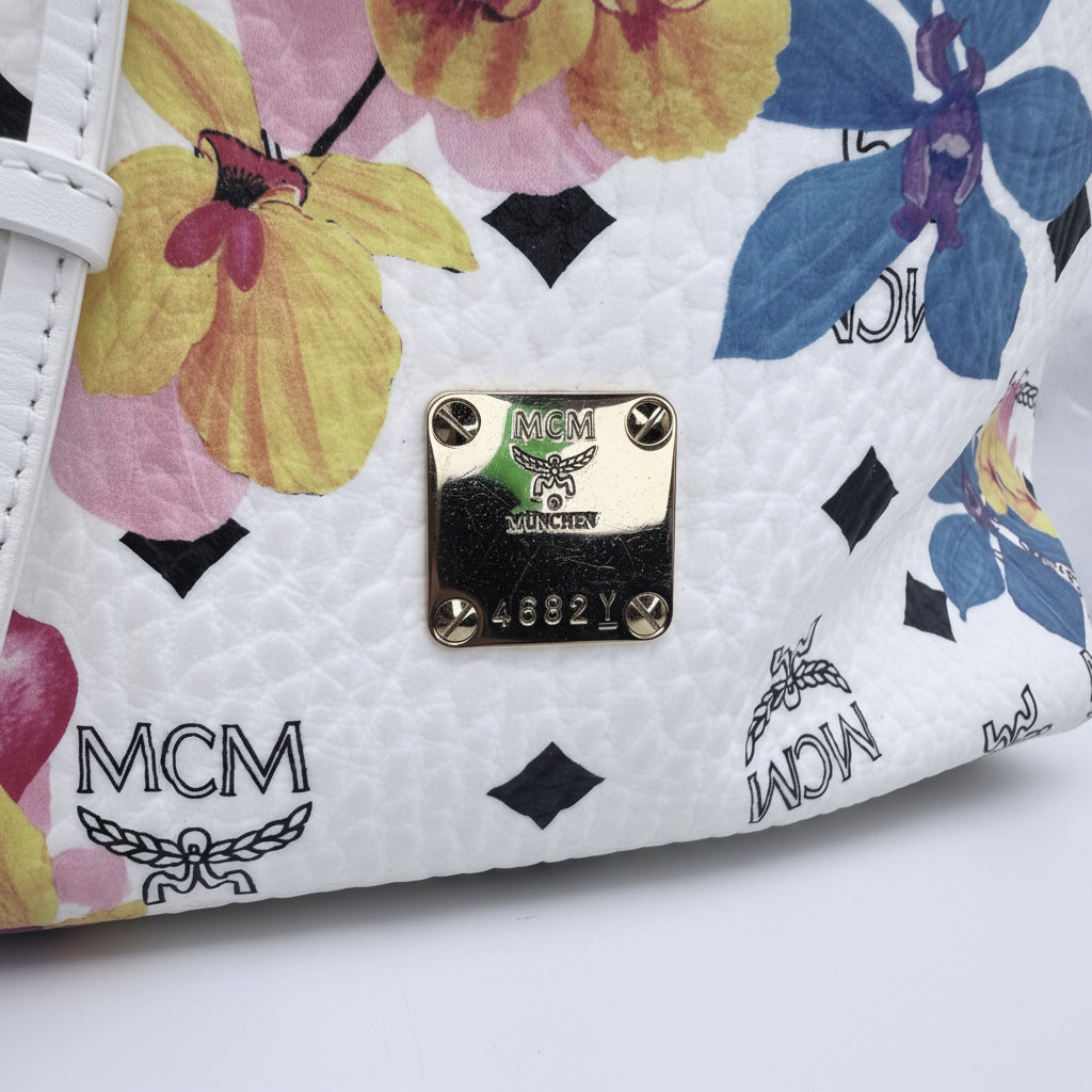 Rare MCM Floral Visetos Drawstring Bucket Bag White Leather