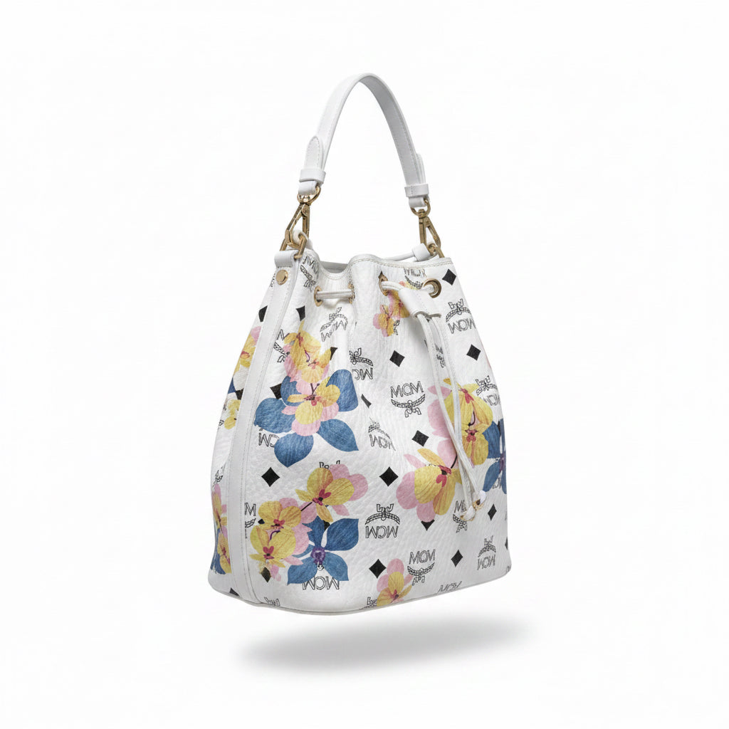 Rare MCM Floral Visetos Drawstring Bucket Bag White Leather