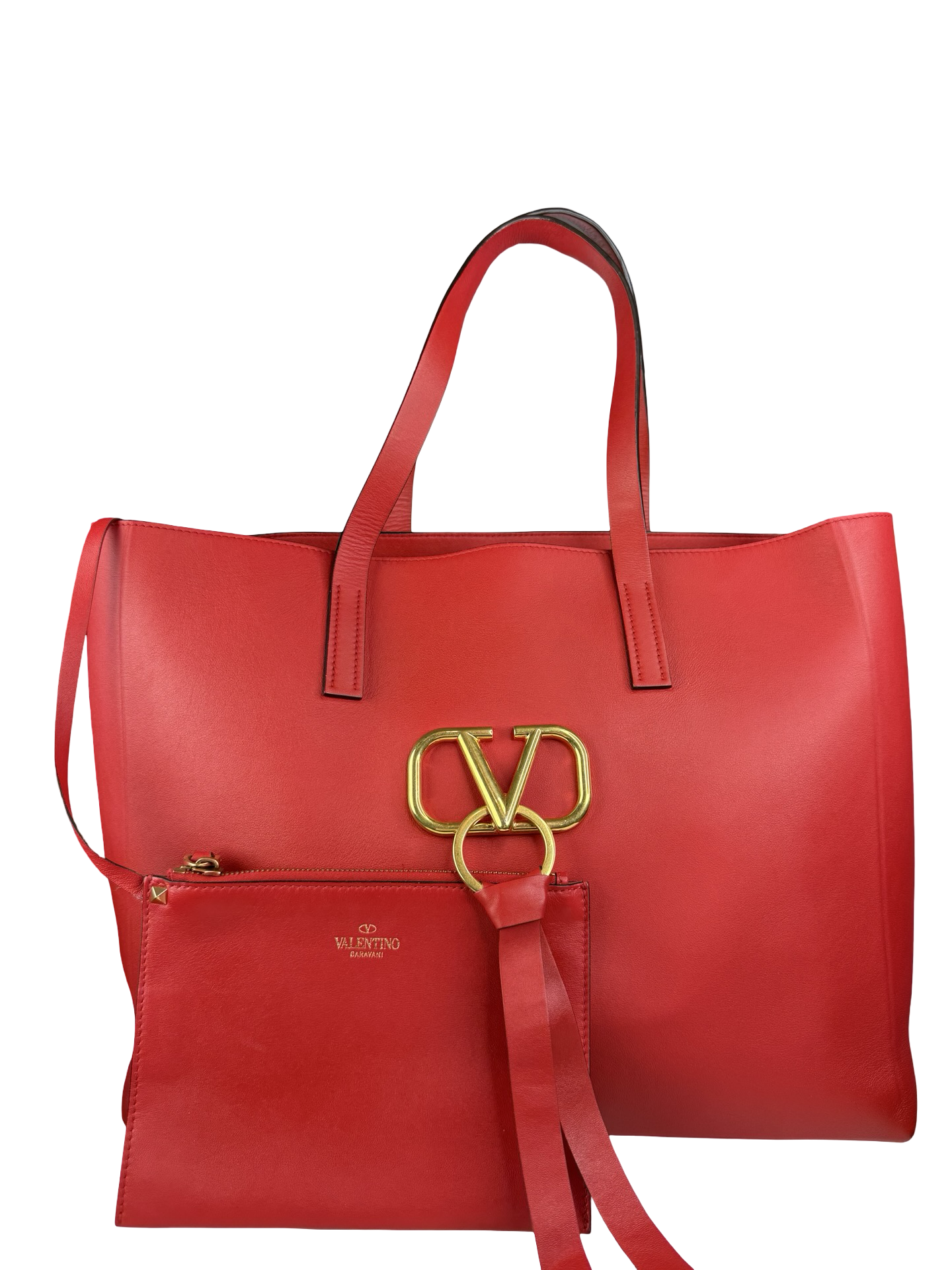 AUTHENTIC VALENTINO Red Calfskin Leather Vring Large Tote Bag