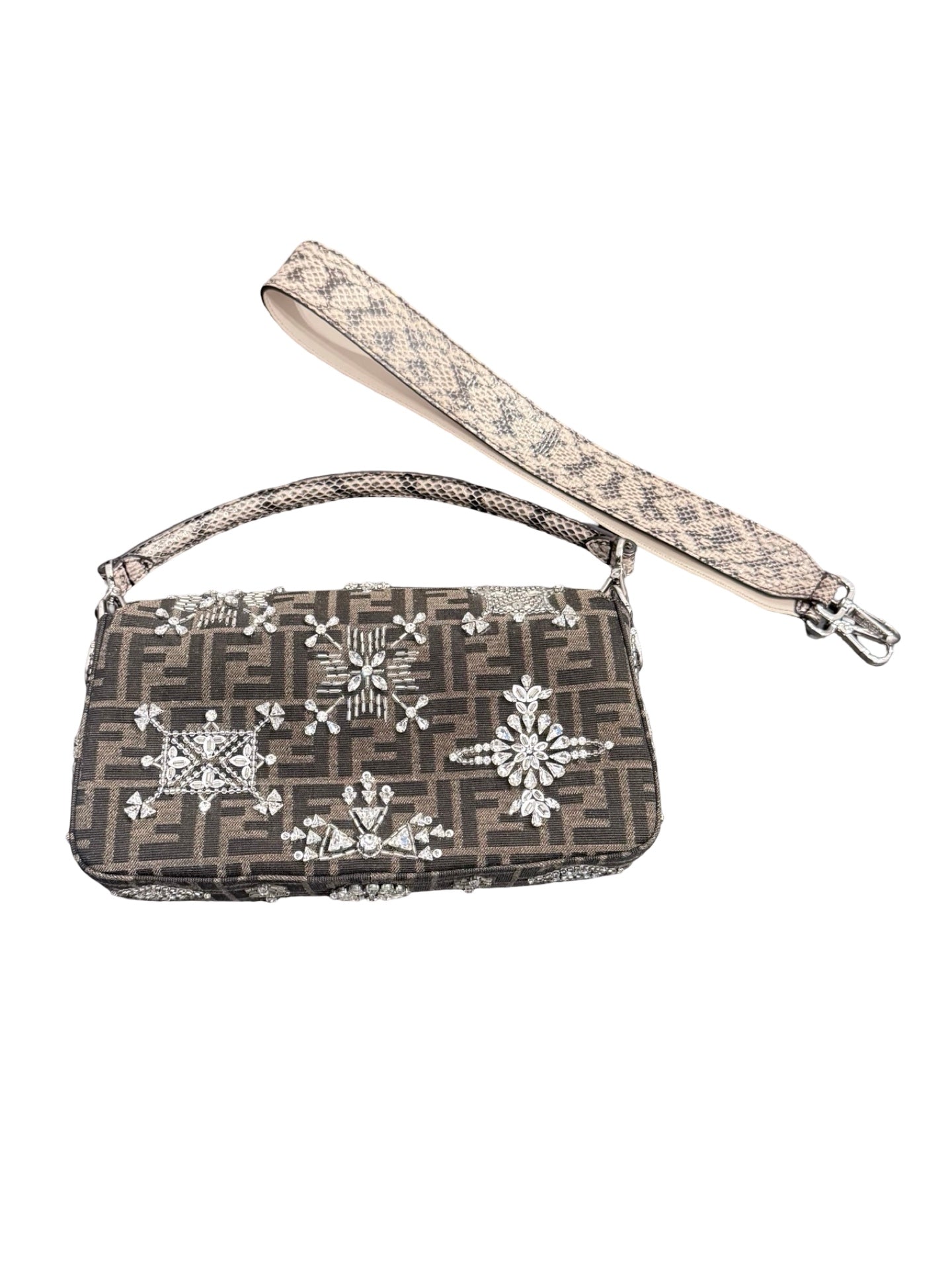 FENDI 1974 CRYSTAL EMBELLISHED BAGUETTE, ZUCCA CANVAS WITH PYTHON LEATHER TRIM AND STRAP