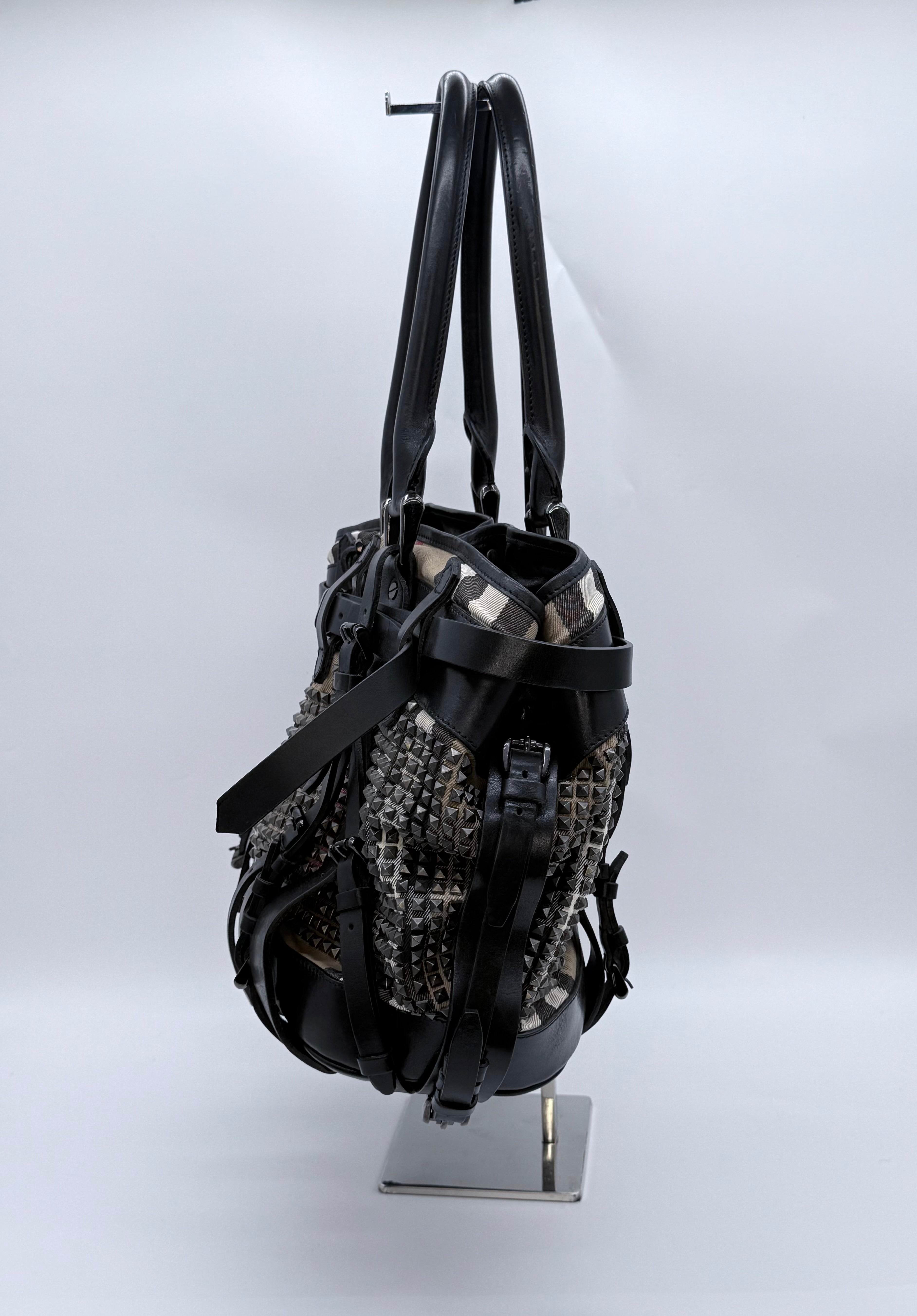 Burberry Prorsum Studded Nova Check Buckle Tote Bag – Black Leather & Canvas