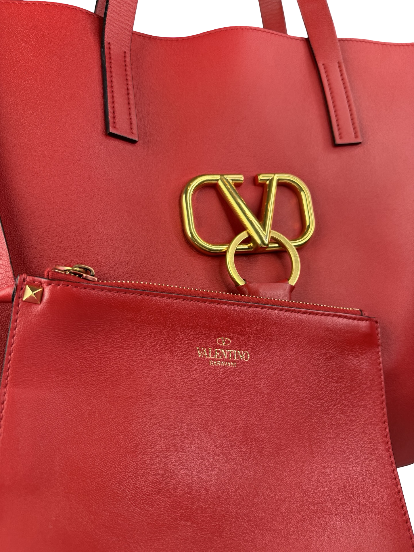 AUTHENTIC VALENTINO Red Calfskin Leather Vring Large Tote Bag
