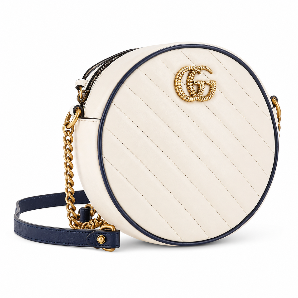 GUCCI GG Marmont Round Shoulder Bag Diagonal Quilted in white Leather Mini crossbody bag.