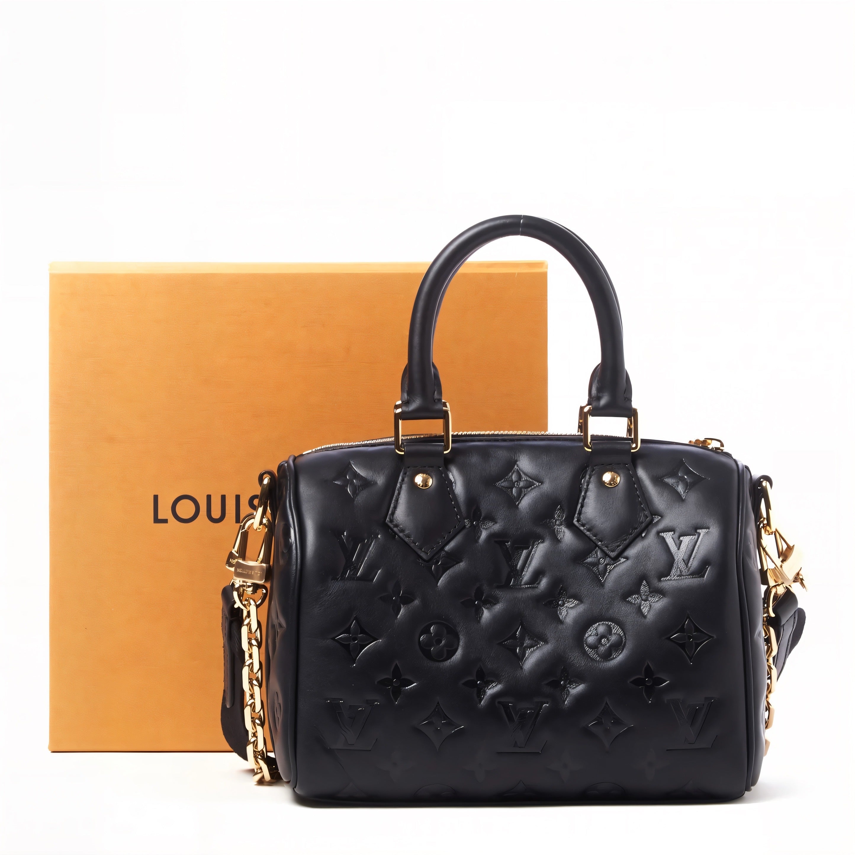 LUIS VUITTON LV Speedy Bandoulière 22 in Black Monogram Embossed Lambskin