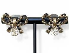 Chanel Interlaced Chain & Leather Bow earrings