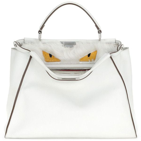FENDI White Leather Peekaboo Large fur Tote Bag
