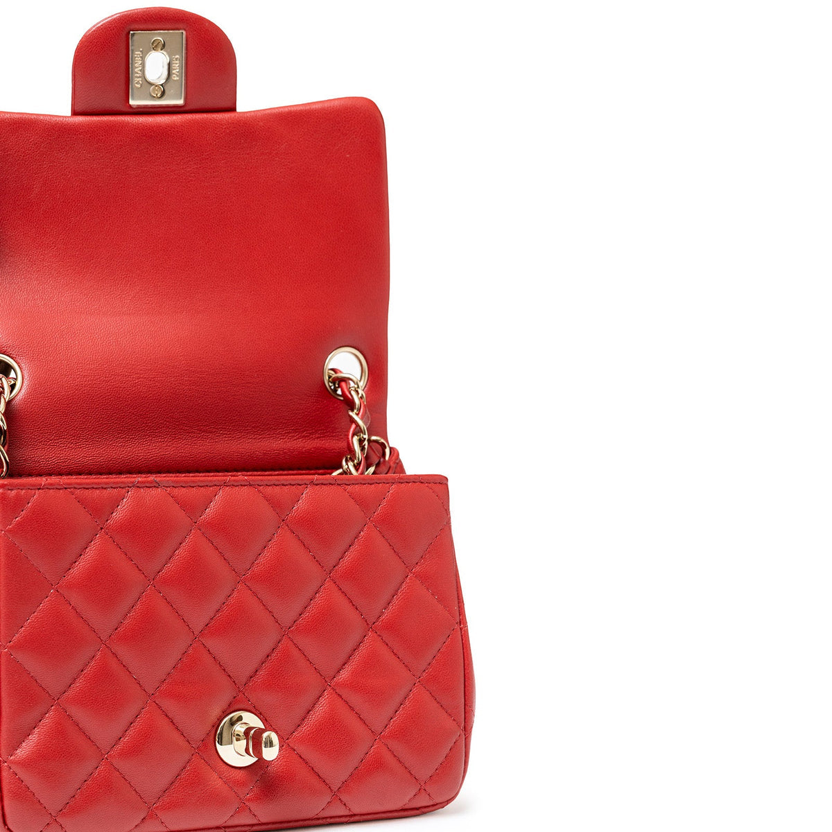 CHANEL MINI SQUARE CLASSIC FLAP BAG RED LAMBSKIN GOLD HARDWARE