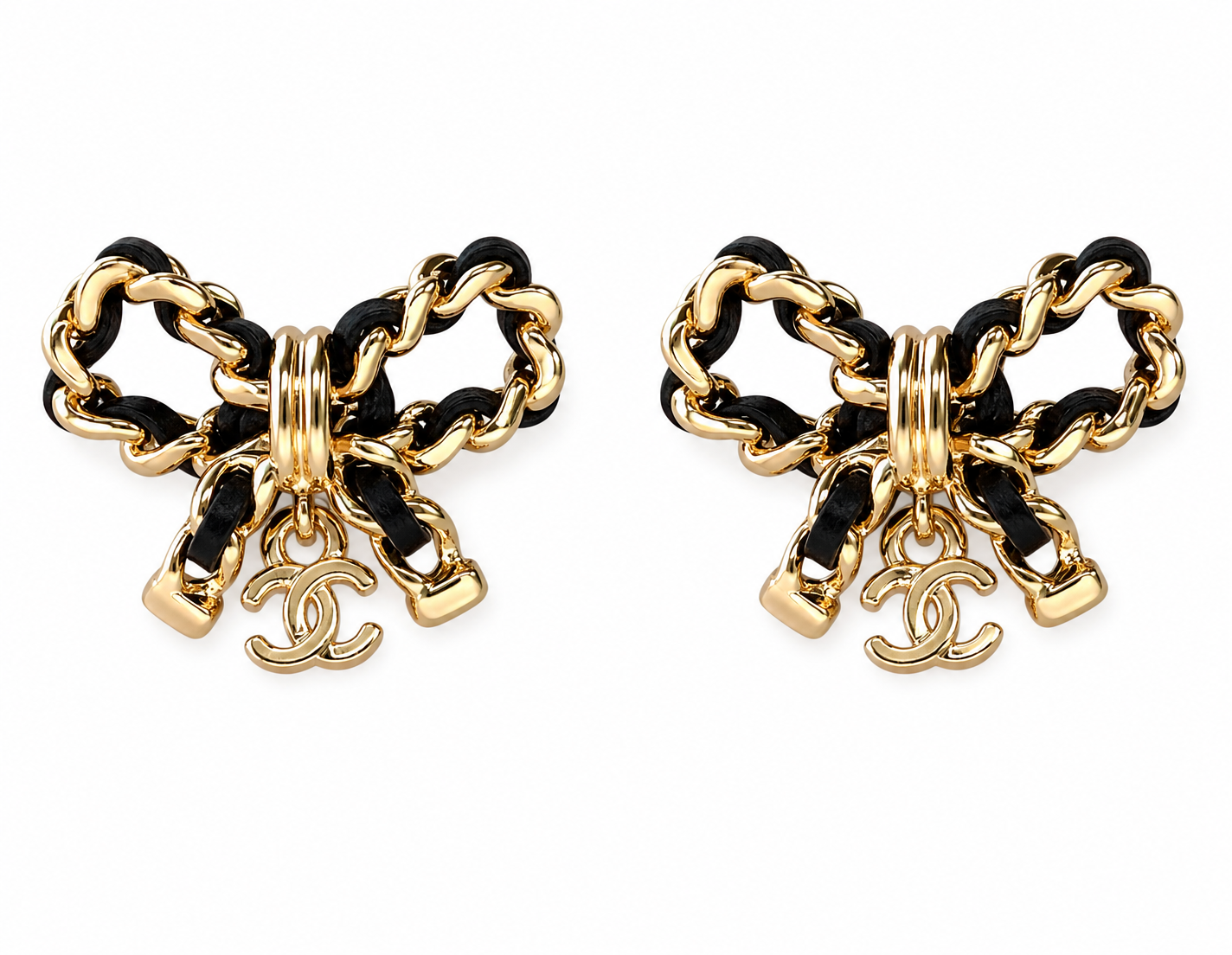 Chanel Interlaced Chain & Leather Bow earrings