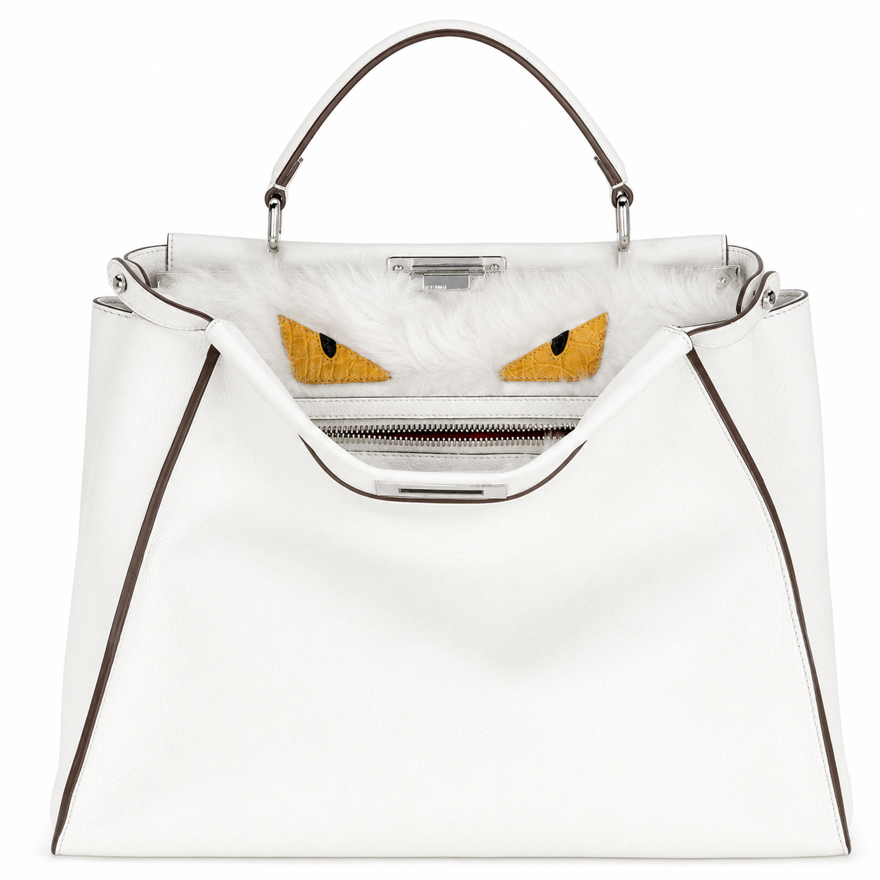FENDI White Leather Peekaboo Large fur Tote Bag
