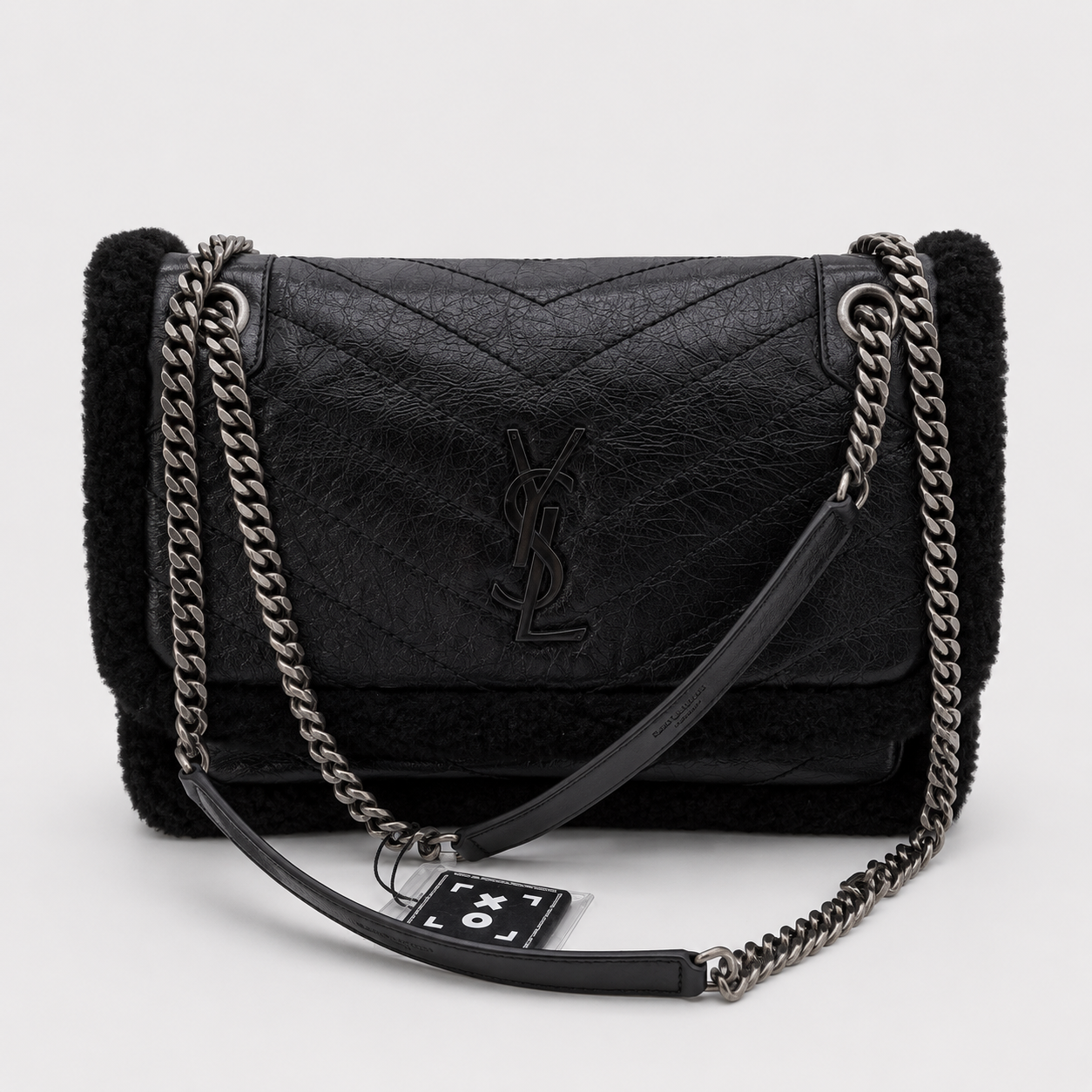 YSL SAINT LAURENT Black Shearling Calfskin Medium Niki Bag