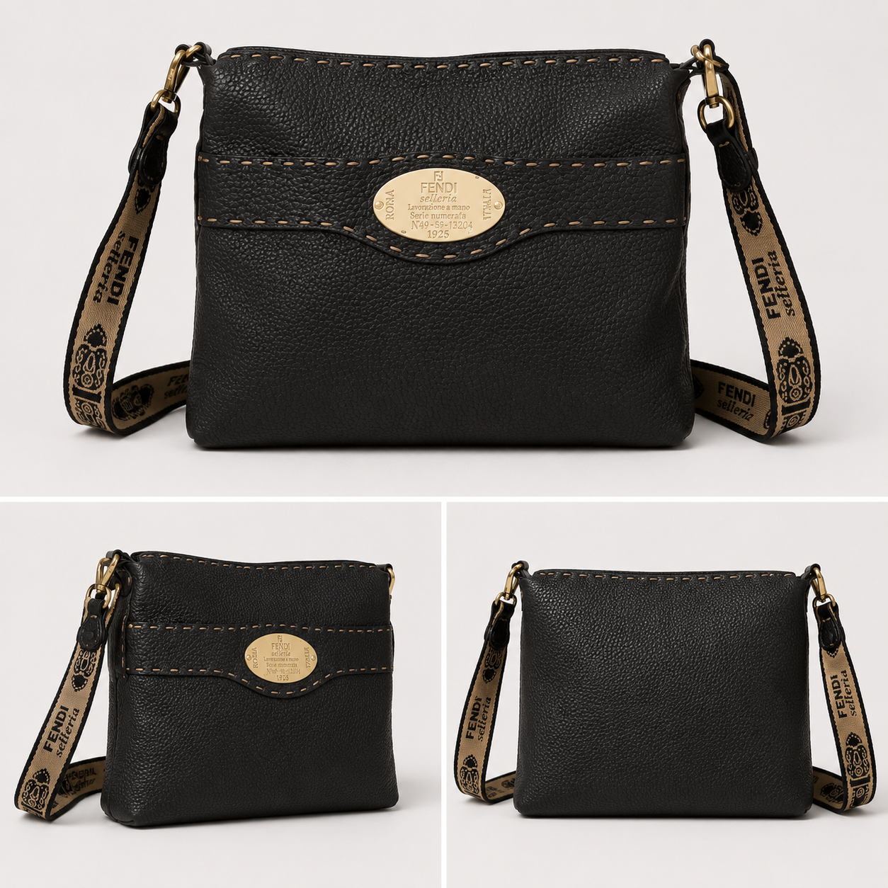 FENDI Black Leather Selleria Crossbody Bag