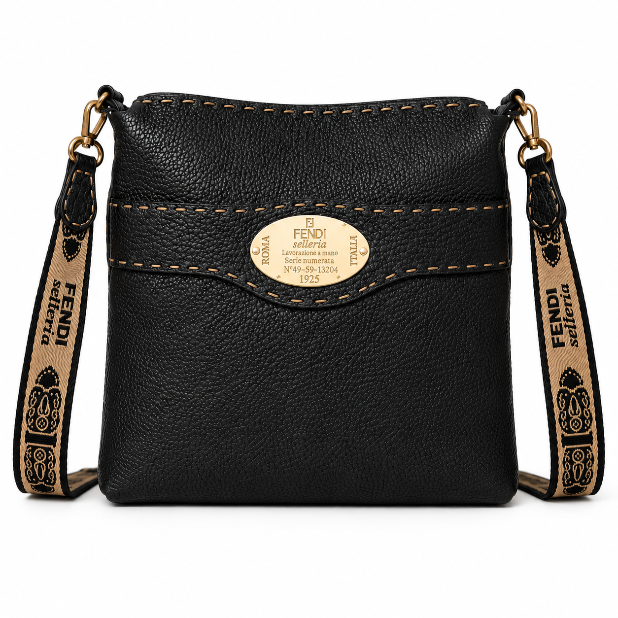 FENDI Black Leather Selleria Crossbody Bag