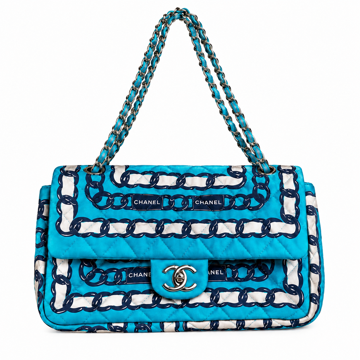 CHANEL Chain Print Quilted Satin Flap Shoulder Bag – Turquoise Blue
