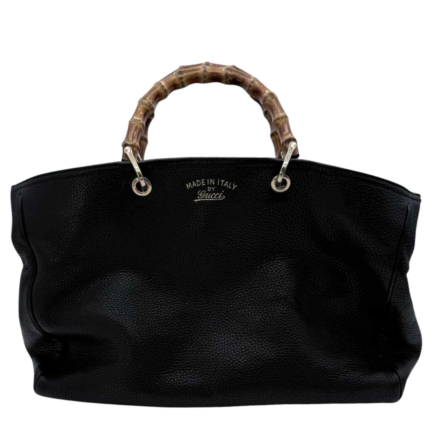 GUCCI Black Pebbled Leather Bamboo Top Handle Large Tote Bag