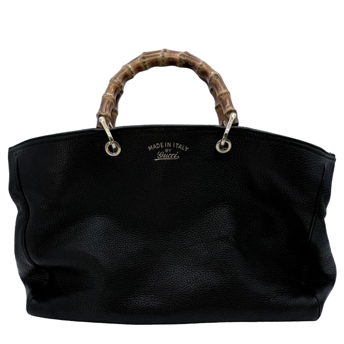 GUCCI Black Pebbled Leather Bamboo Top Handle Large Tote Bag
