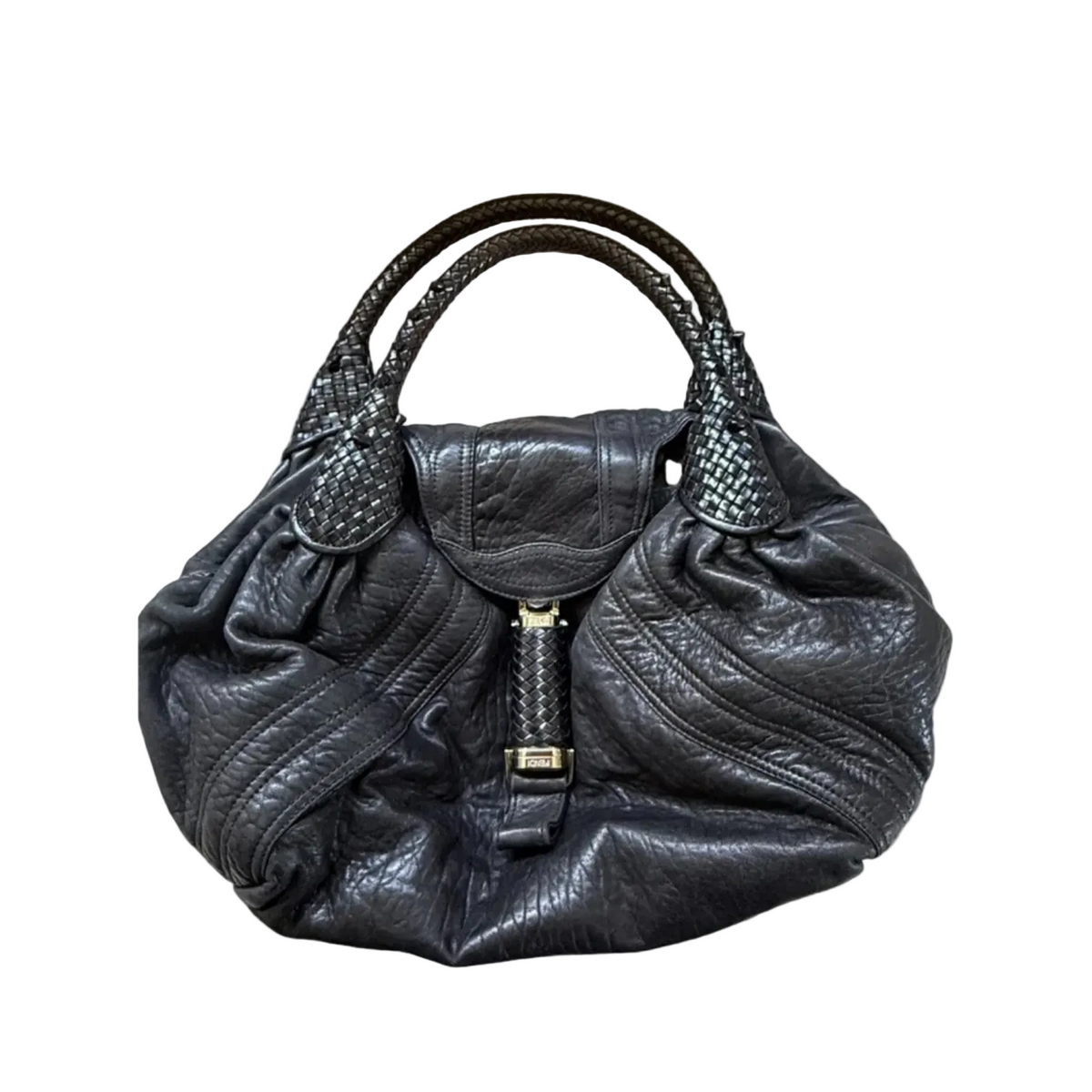 Fendi Spy Bag – Black Pebbled Leather with Woven Handles