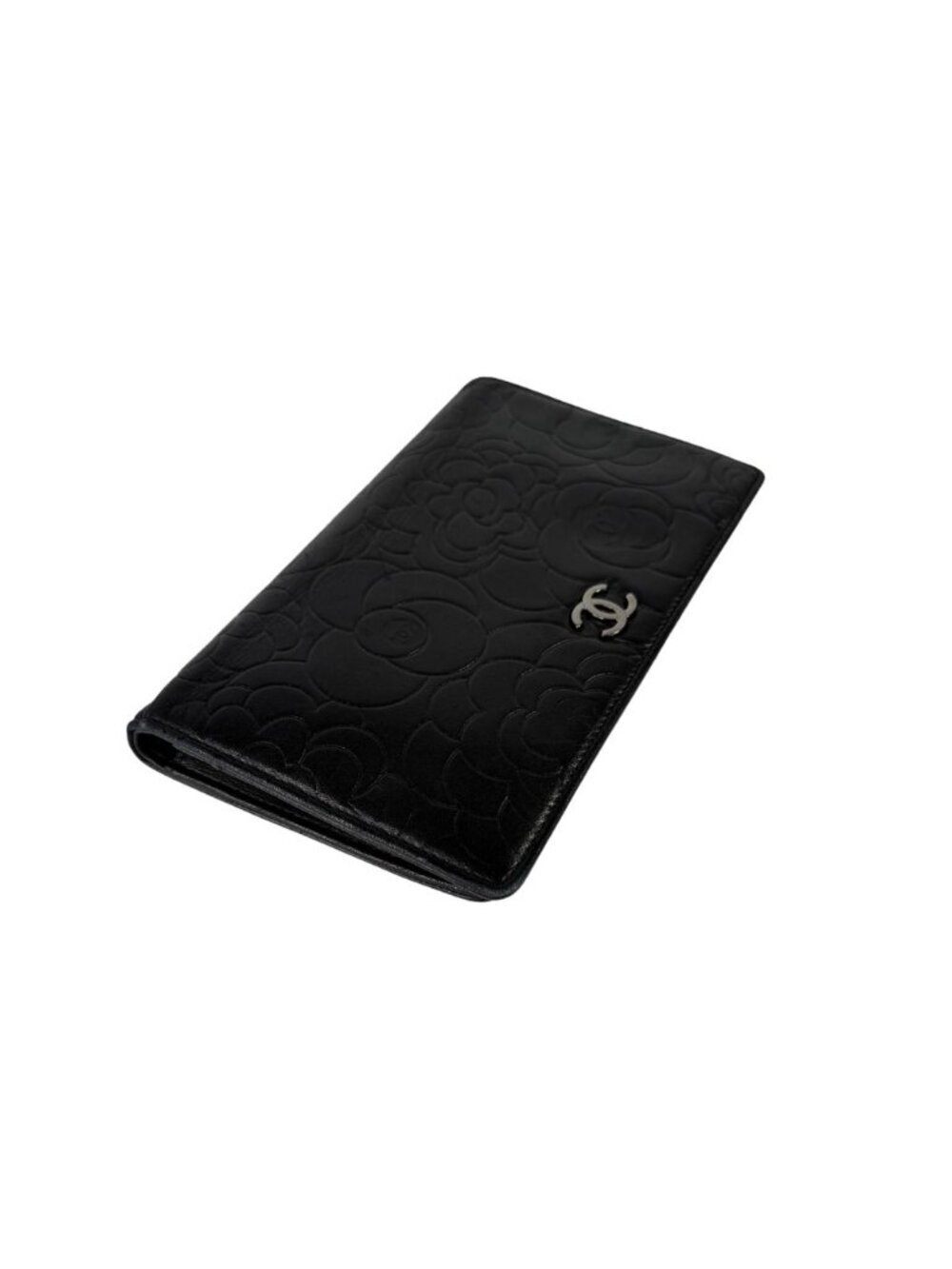 Chanel black Camellia embossed long wallet