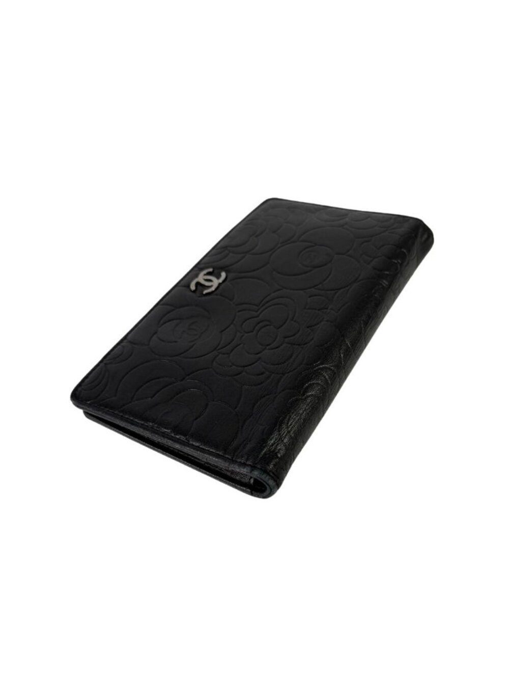 Chanel black Camellia embossed long wallet
