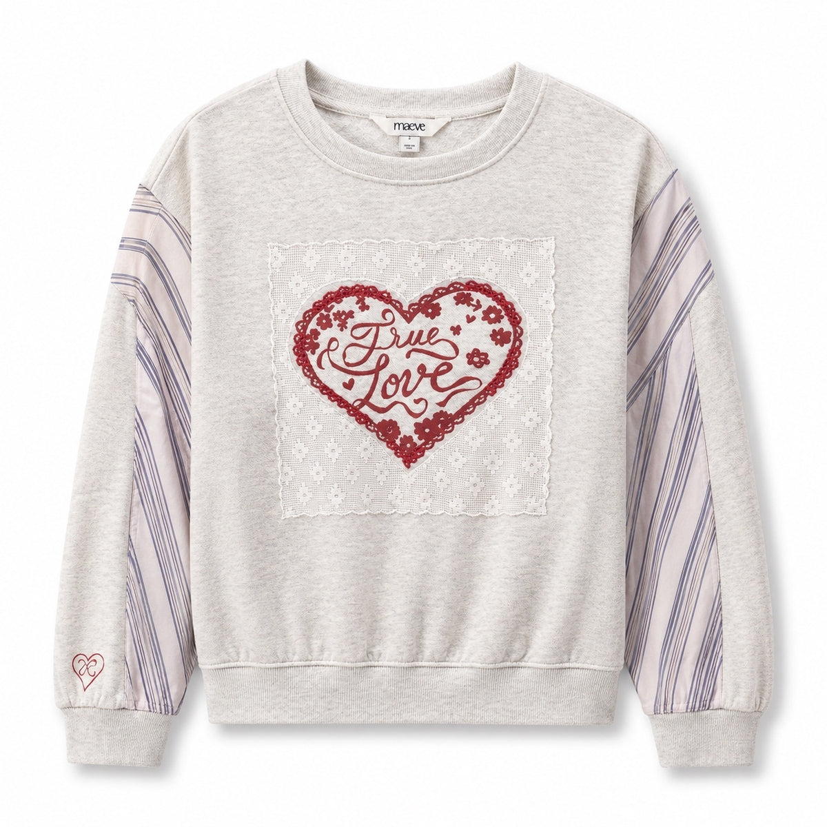 Maeve Women's Grey True Love Heart Embroidered Sweatshirt with Striped Sleeves, Size S