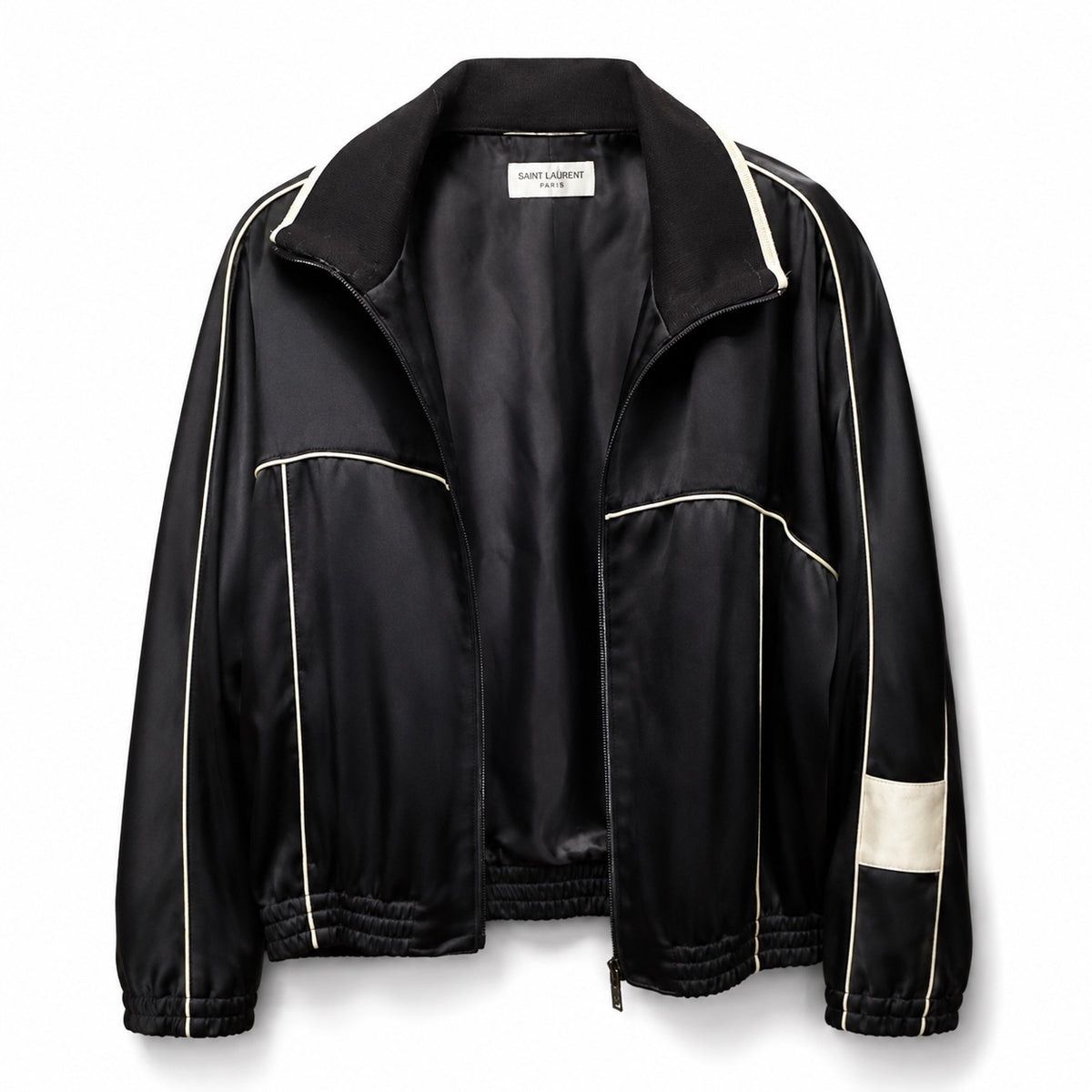 Saint Laurent Paris Black Satin Track Jacket with White Piping and Size 48