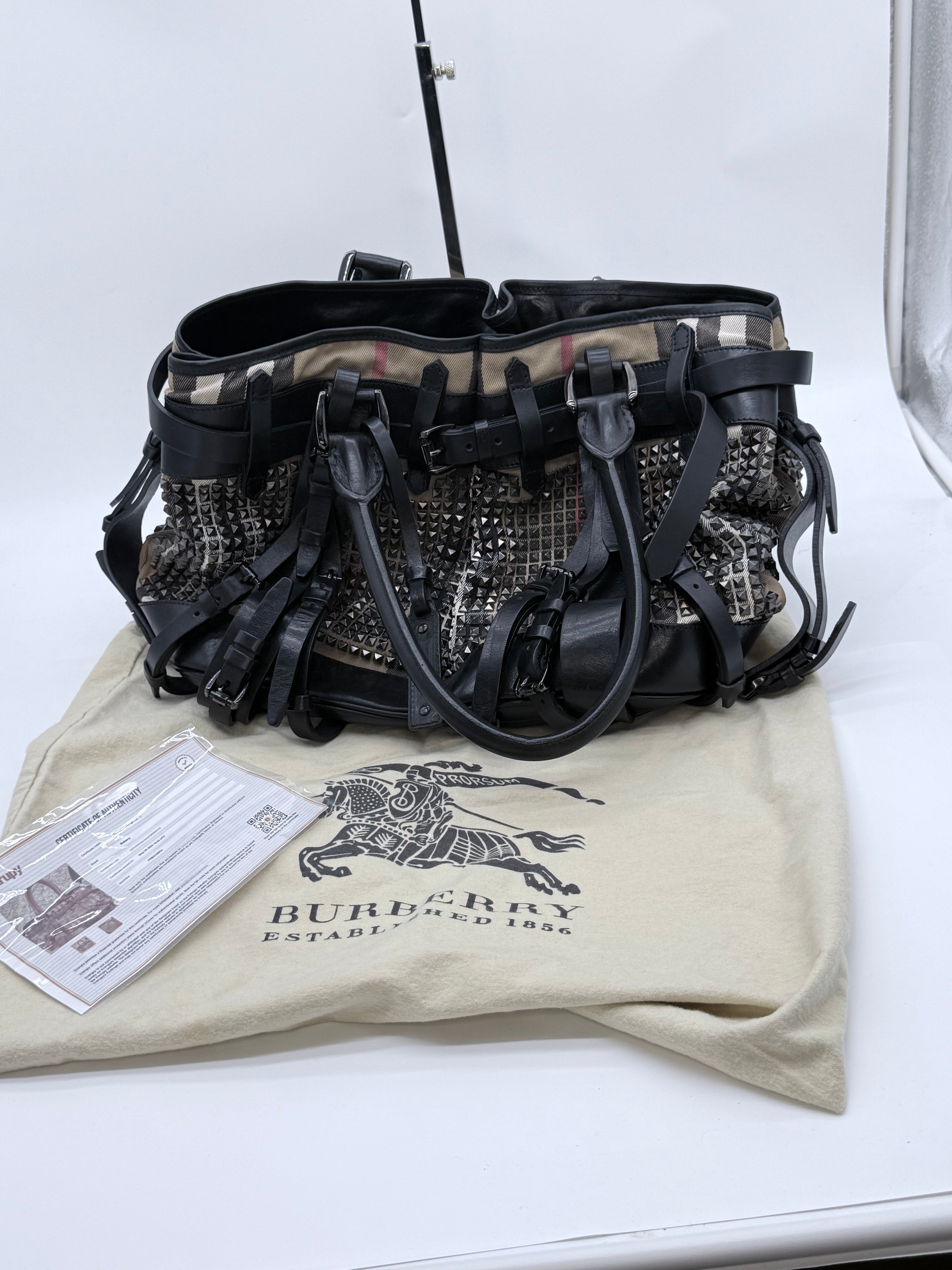 Burberry Prorsum Studded Nova Check Buckle Tote Bag – Black Leather & Canvas