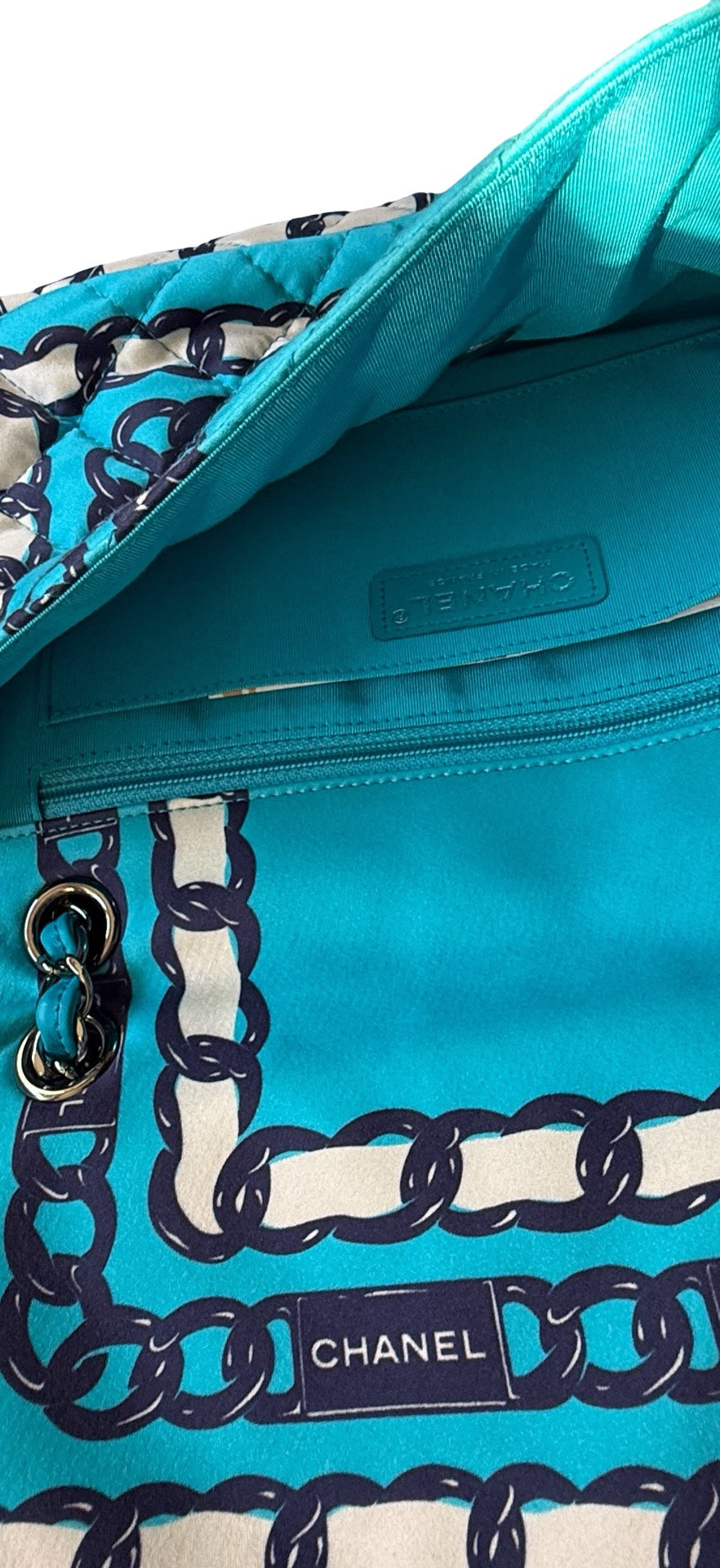 CHANEL Chain Print Quilted Satin Flap Shoulder Bag – Turquoise Blue