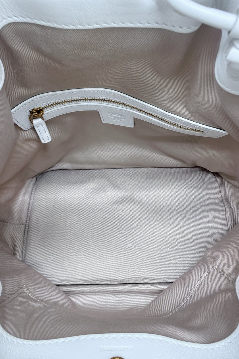 Rare MCM Floral Visetos Drawstring Bucket Bag White Leather