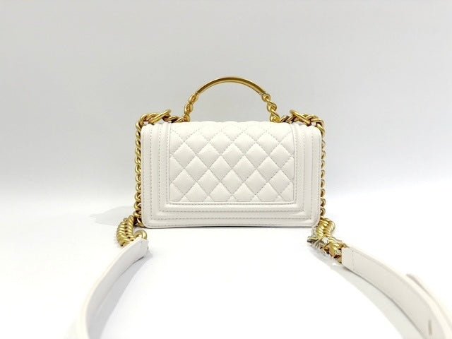 Chanel White Quilted Lambskin Leather CC Chain Top Handle Mini Flap Bag