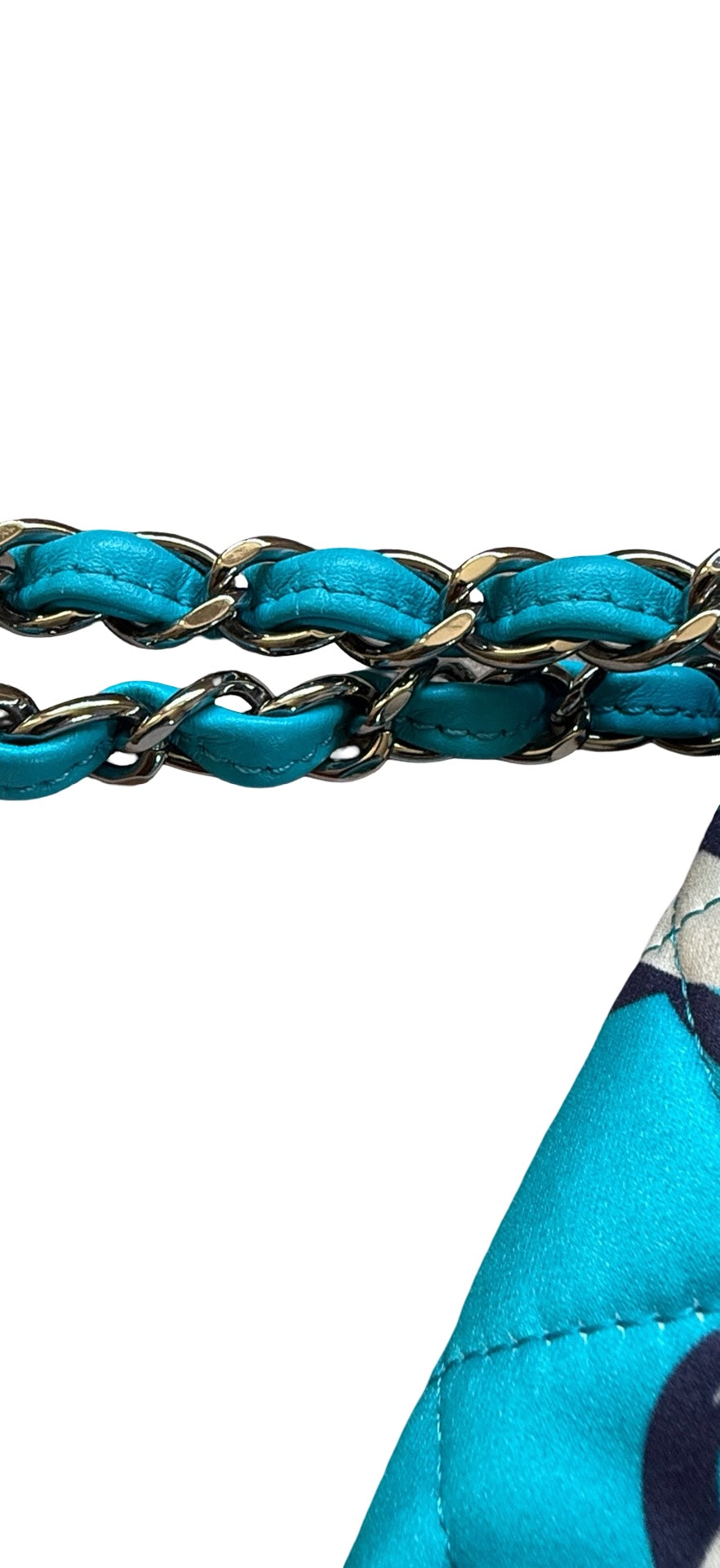 CHANEL Chain Print Quilted Satin Flap Shoulder Bag – Turquoise Blue
