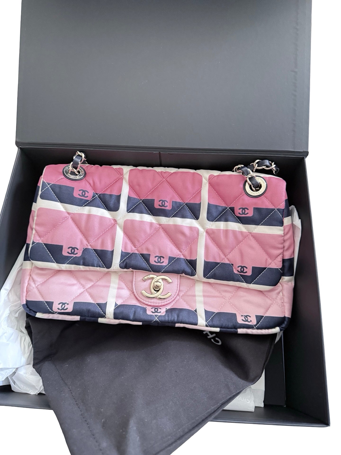 CHANEL Pink Quilted Printed Satin Flap Shoulder Bag – Limited Edition