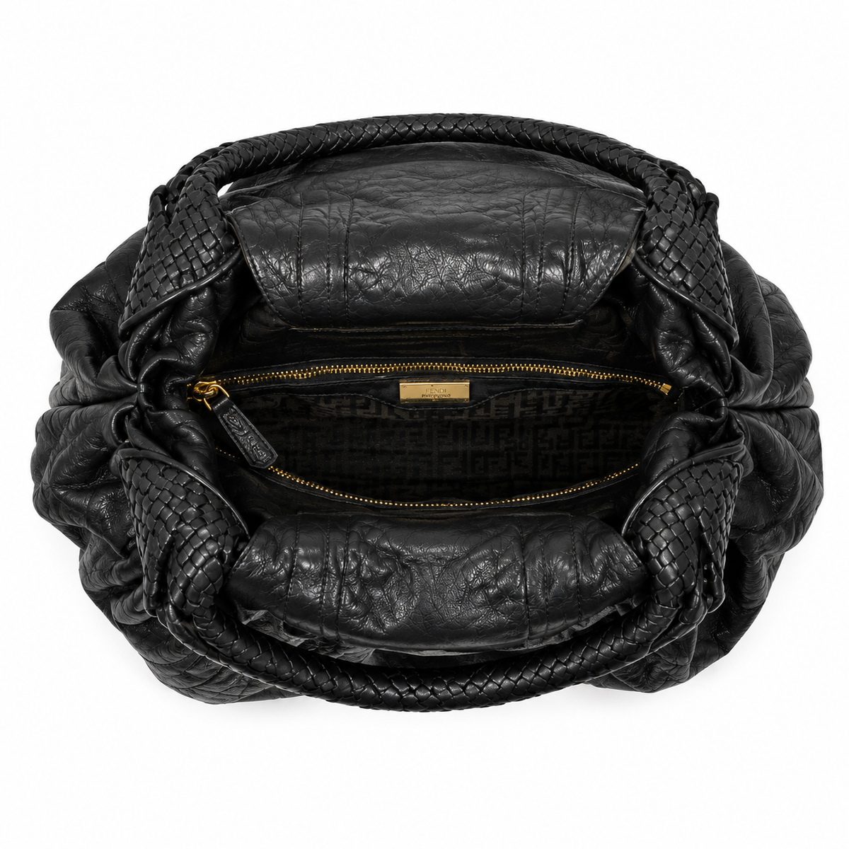 Fendi Spy Bag – Black Pebbled Leather with Woven Handles