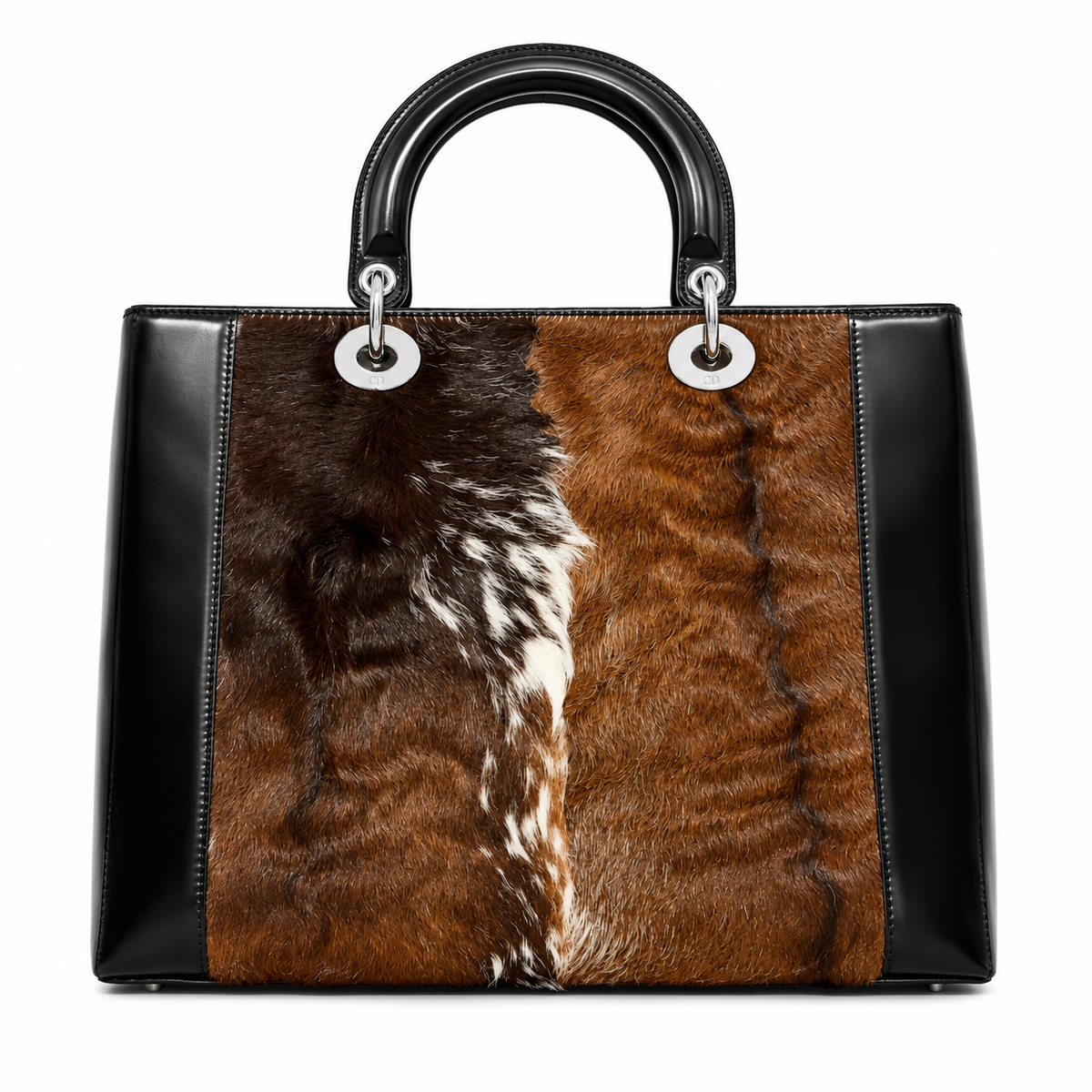 LADY DIOR Patent Pony Hair Deer Print Large in Black