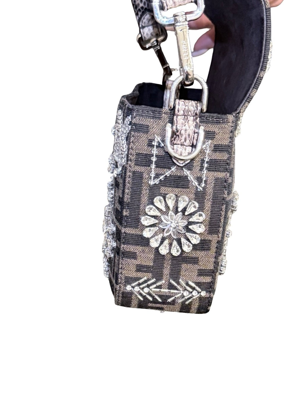 FENDI 1974 CRYSTAL EMBELLISHED BAGUETTE, ZUCCA CANVAS WITH PYTHON LEATHER TRIM AND STRAP