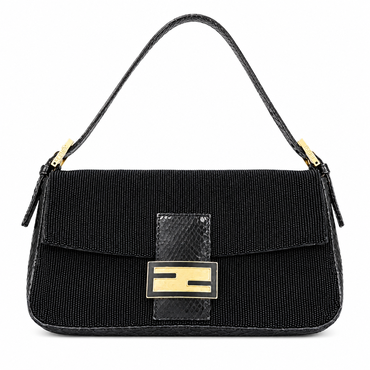 FENDI VINTAGE BAGUETTE, BLACK BEADED FABRIC AND PYTHON TRIM