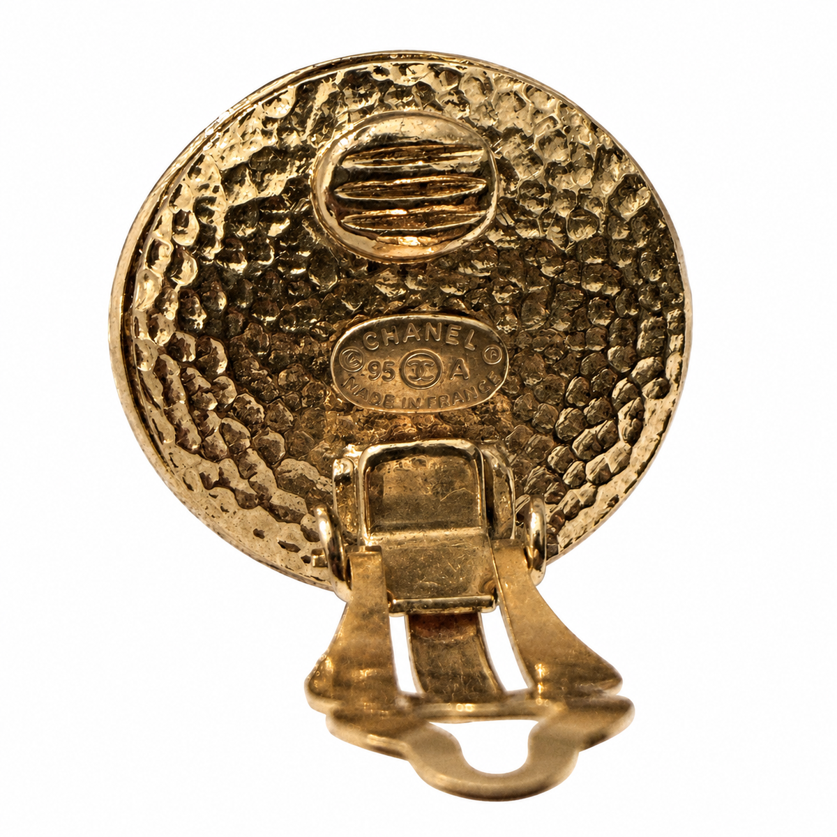Chanel round clip-on earrings in black enamel/resin with gold-tone CHANEL lettering