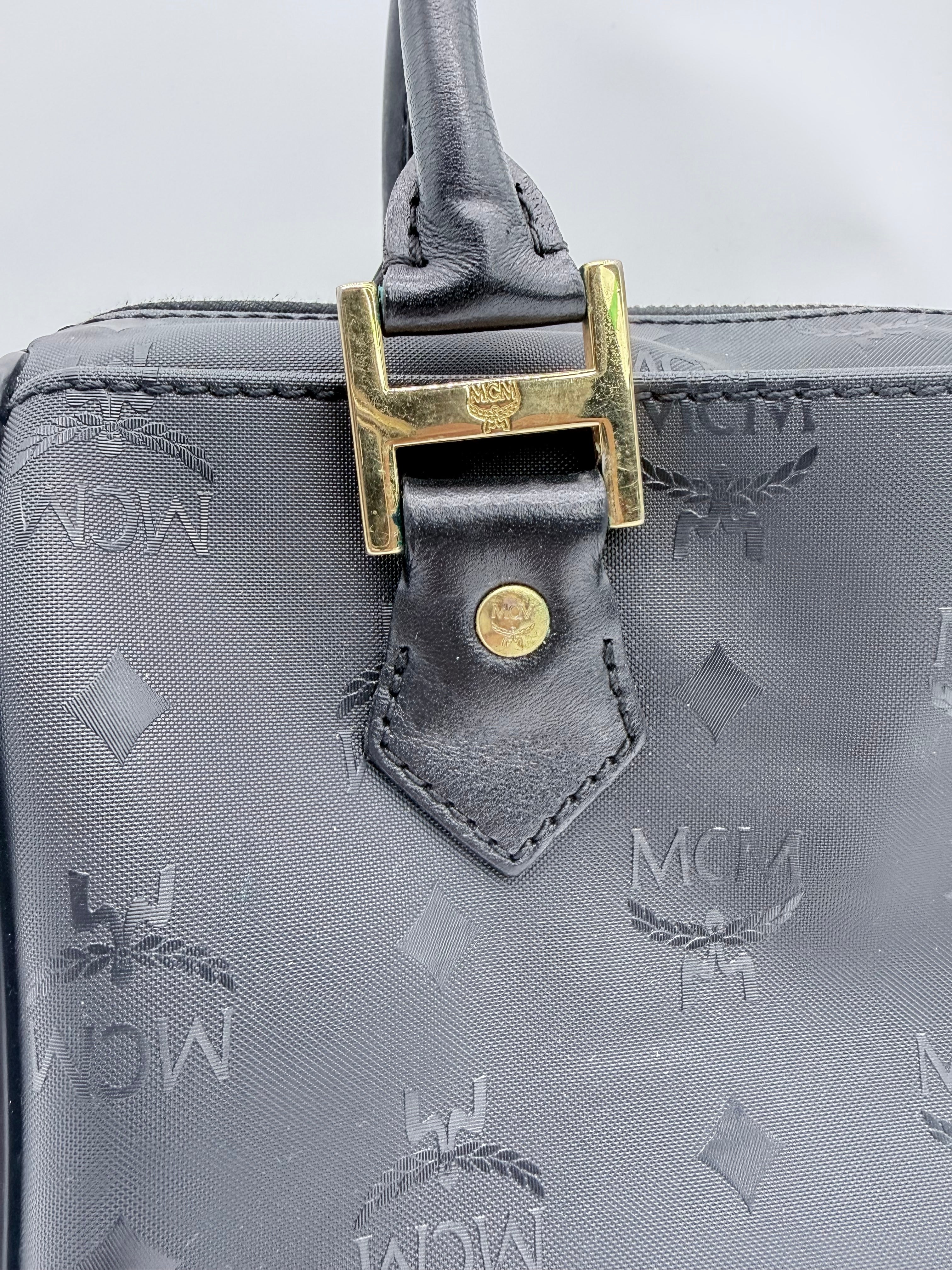 MCM Visetos Boston Satchel – Black Monogram Top Handle Bag