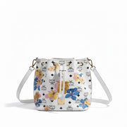 Rare MCM Floral Visetos Drawstring Bucket Bag White Leather