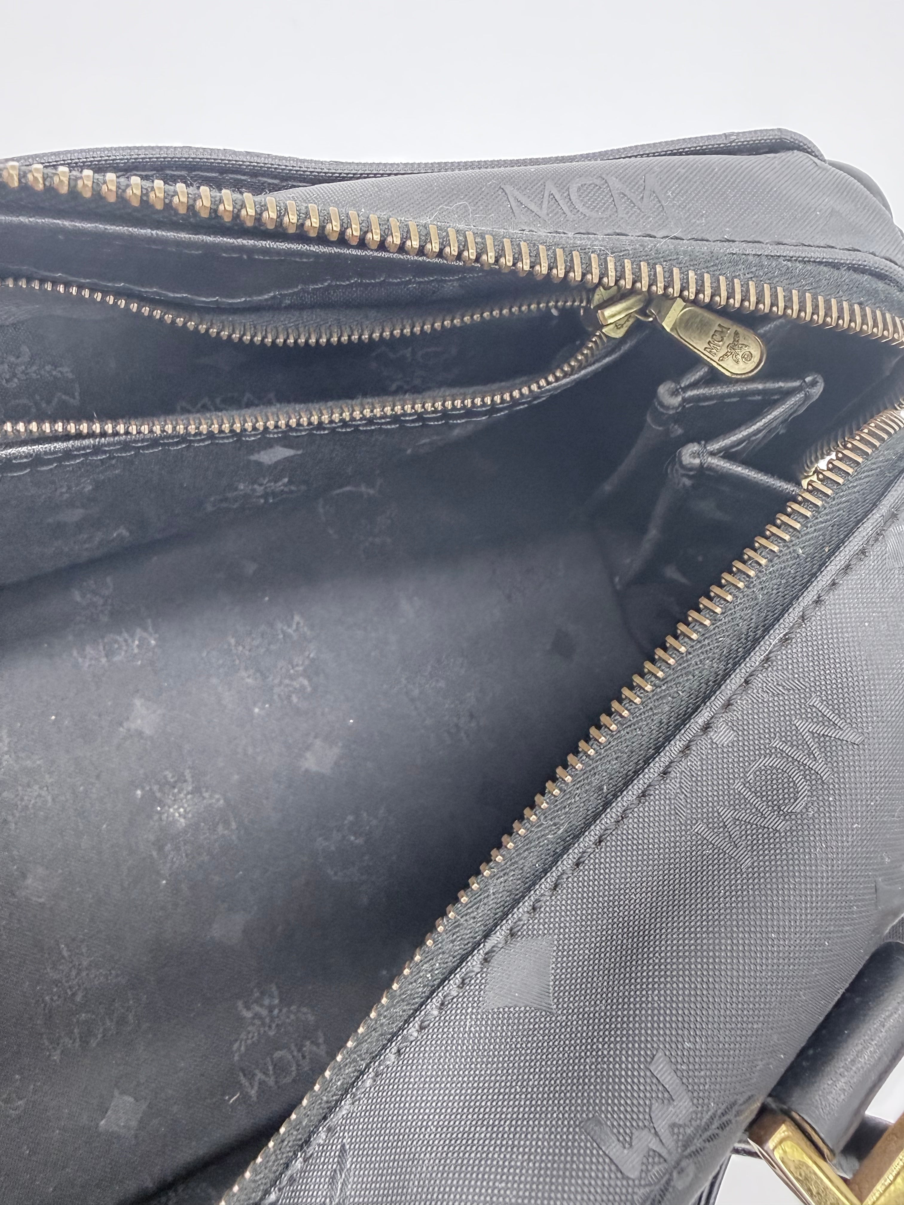 MCM Visetos Boston Satchel – Black Monogram Top Handle Bag