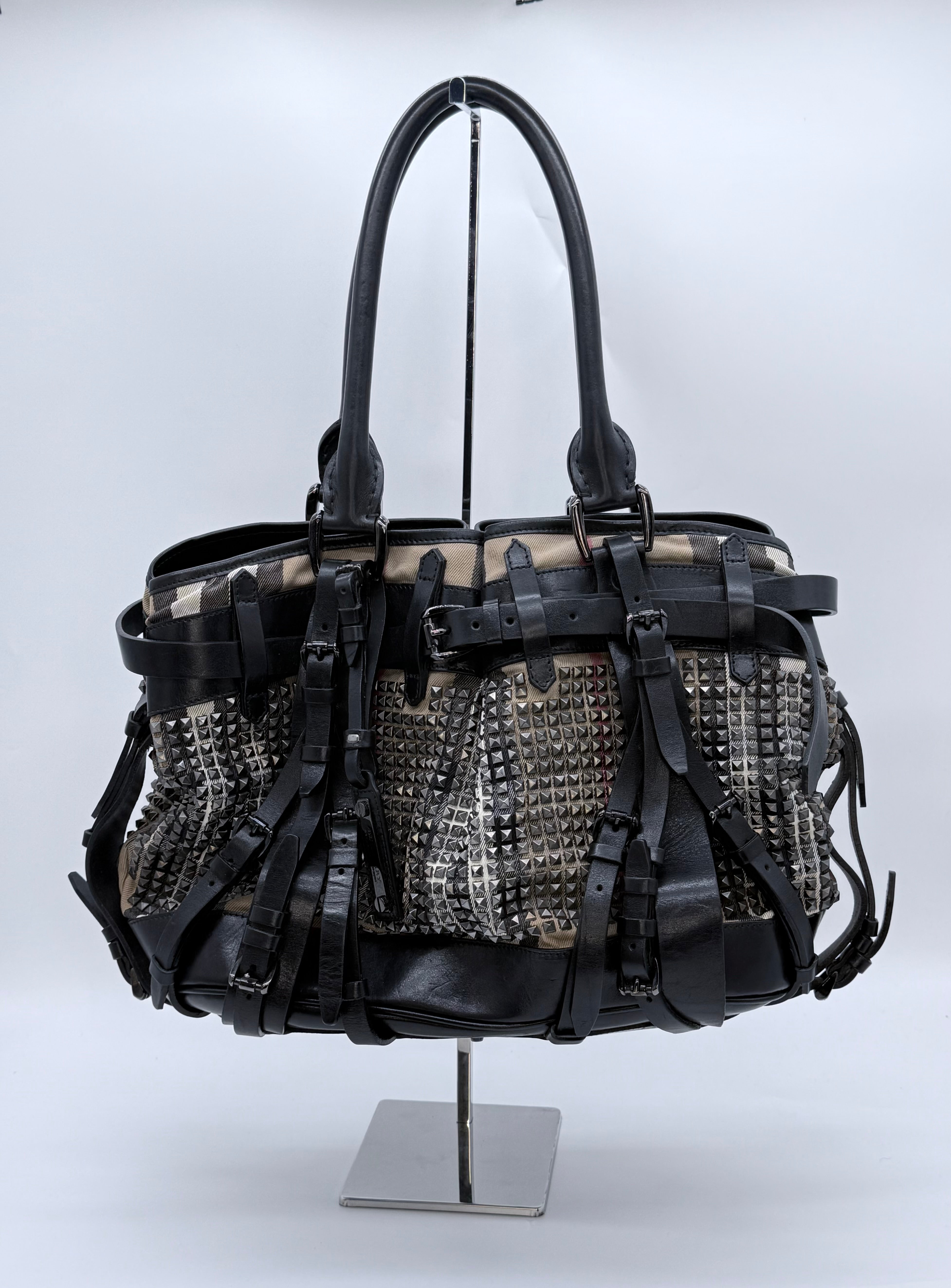 Burberry Prorsum Studded Nova Check Buckle Tote Bag – Black Leather & Canvas